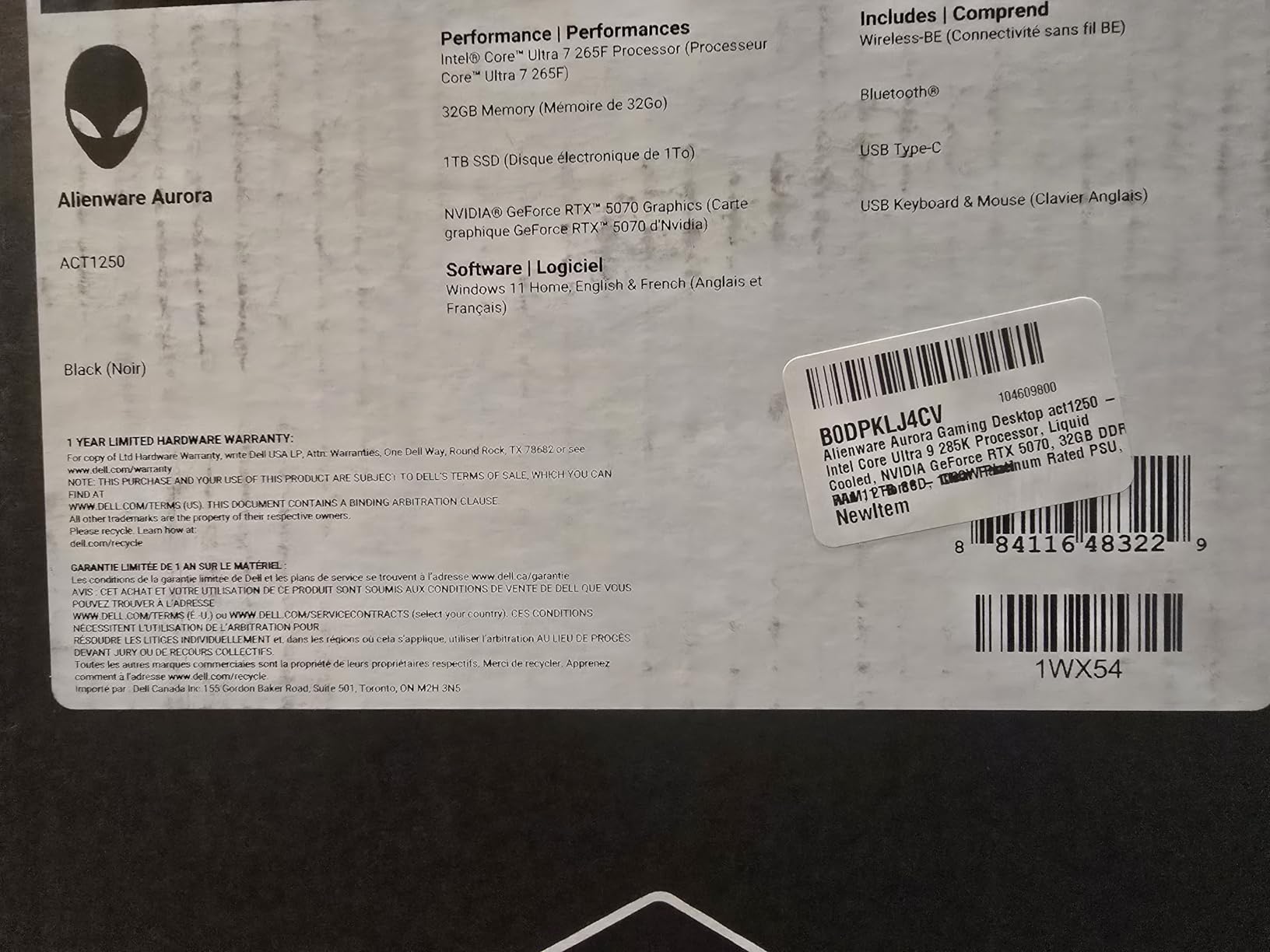 Aurora Gaming Desktop ACT1250 - Intel Core Ultra 7 265F, 32GB DDR5 RAM, 1TB SSD, NVIDIA GeForce RTX 5070, 1000W Platinum Rated PSU, Windows 11 Home, Clear Panel - Black customer photo 1