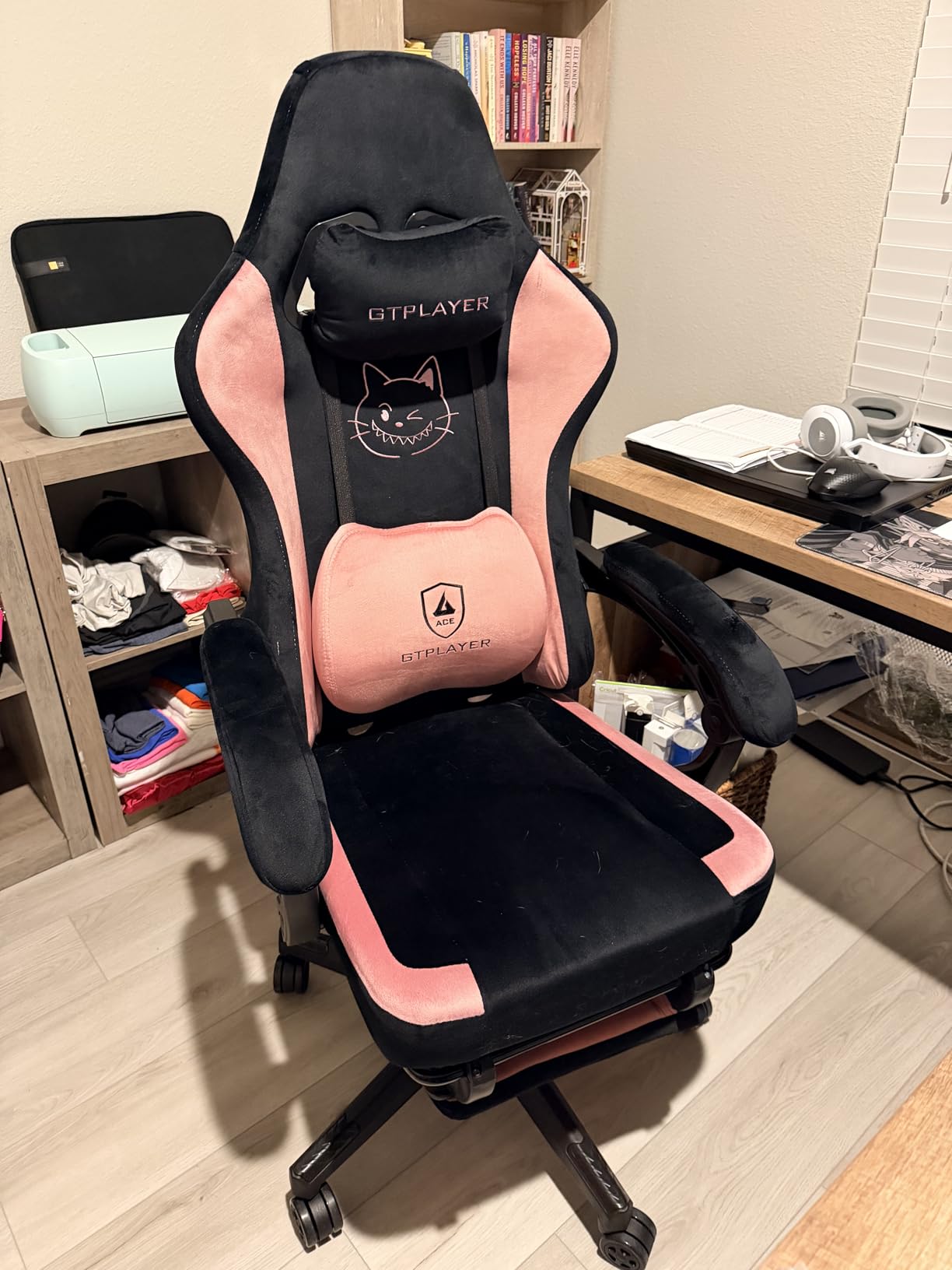GTPLAYER Pink Gaming Chair Cute with Cat Ears Ergonomic Computer Chair with Cat Embroidery Adjustable Memory Foam Lumbar Support and Headrest Comfortable Reclining Office Chair Soft Velvet Fabric customer photo 1