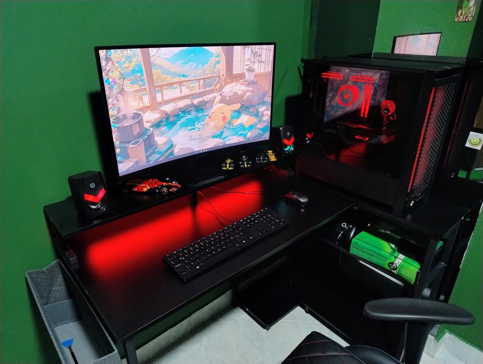 ODK 48 Inch Gaming Desk with USB Charging Ports and LED Lights, Reversible L Shaped Computer Desk with Storage Shelves & Monitor Stand, Corner Gamer Desk Table with Power Outlets, Black customer photo 1