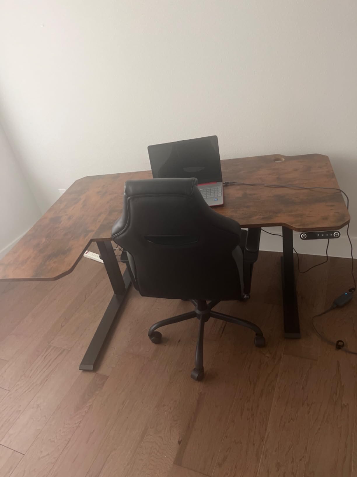 Electric Standing Desk 63 x 24 Inches Adjustable Height Ergonomic Sit Stand Up Curved Desk for Home Office Computer Desk Memory Preset with Wheels and White Frame/Oak Top customer photo 1