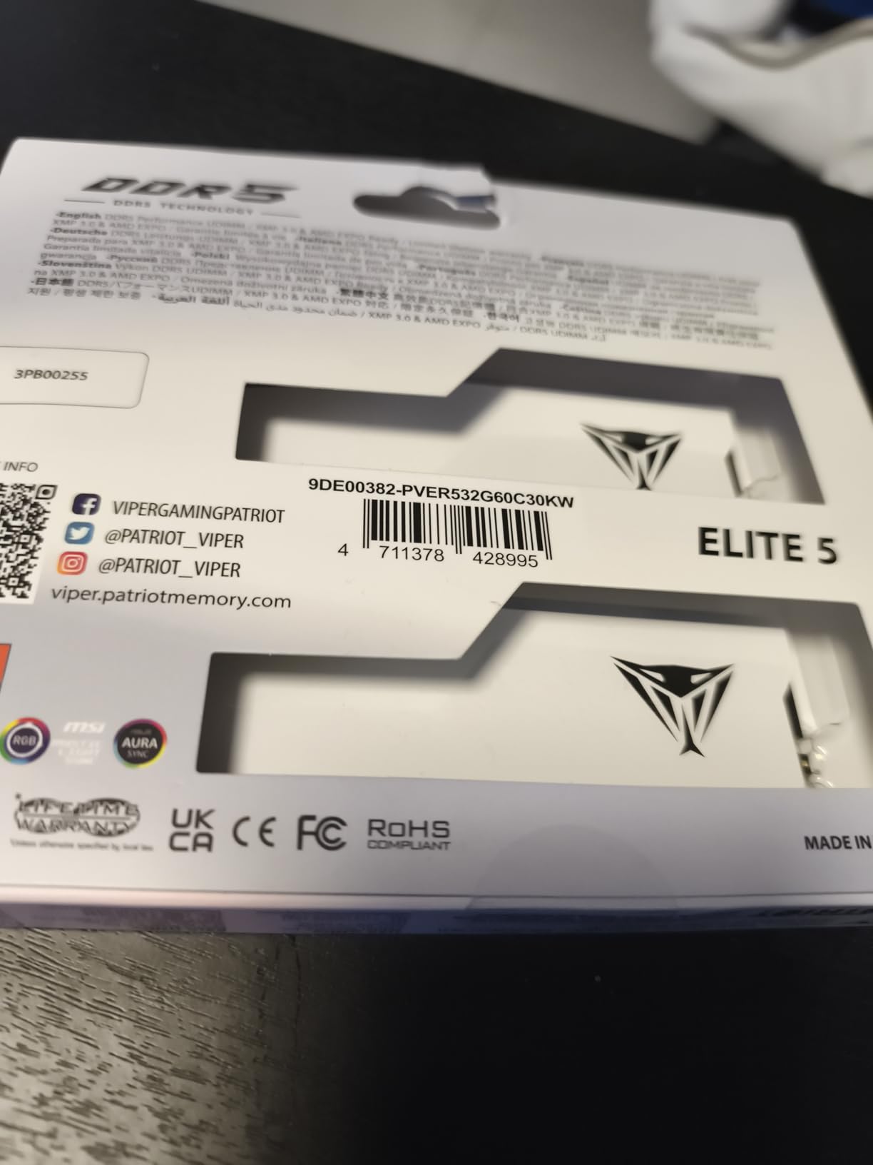 Patriot Viper Elite 5 RGB DDR5 RAM 32GB (2X16GB) 6000MT/s CL30 RGB Memory | Voltage: 1.35v; Supports Intel XMP and AMD EXPO; Module type: UDIMM. customer photo 2