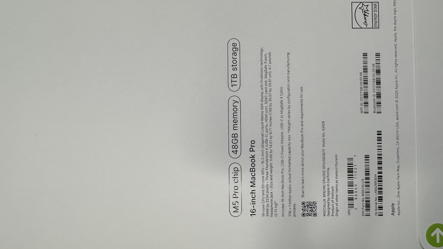 2026 MacBook Pro Laptop with Apple M5 Pro chip with 18-core CPU and 20-core GPU: Built for AI, 16.2-inch Liquid Retina XDR Display, 24GB Unified Memory, 1TB SSD, Wi-Fi 7; Space Black customer photo 1