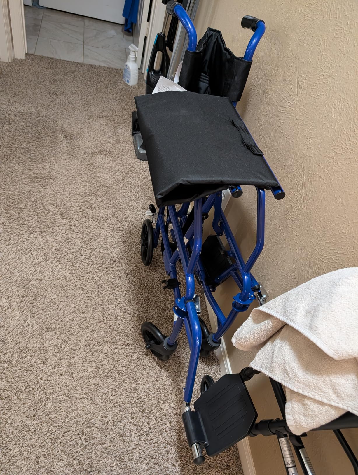 Medline Ultra Lightweight Transport Wheelchair for Adults, Foldable, 19-Inch Seat Width, Blue Frame, Black Upholstery customer photo 1