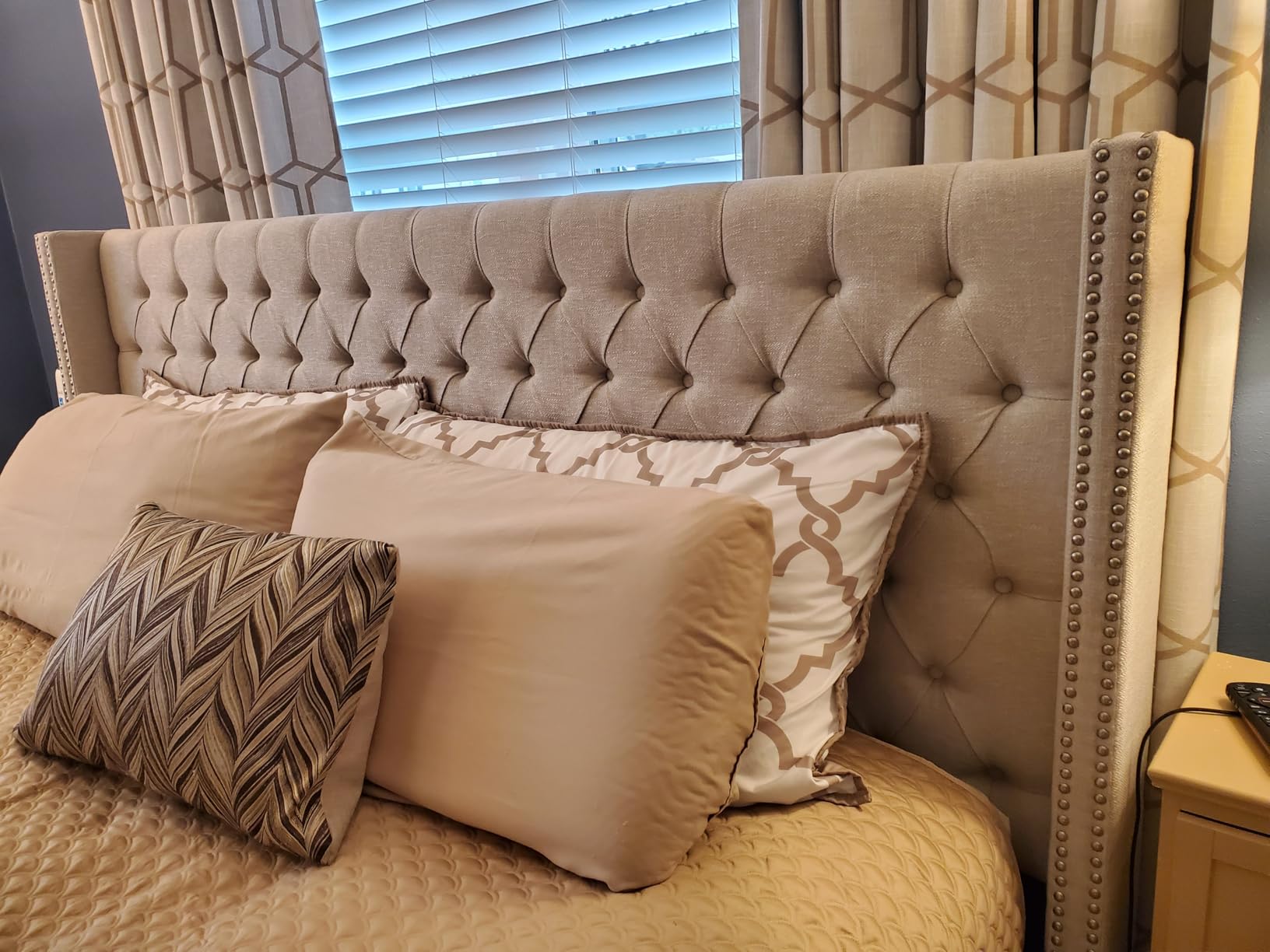 Madison Park Amelia Upholstered Headboard, Nail Head Trim Wingback Button Tufted, Queen, Cream customer photo 1