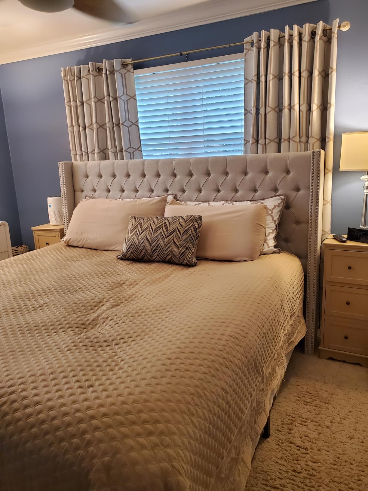 Madison Park Amelia Upholstered Headboard, Nail Head Trim Wingback Button Tufted, Queen, Cream customer photo 2