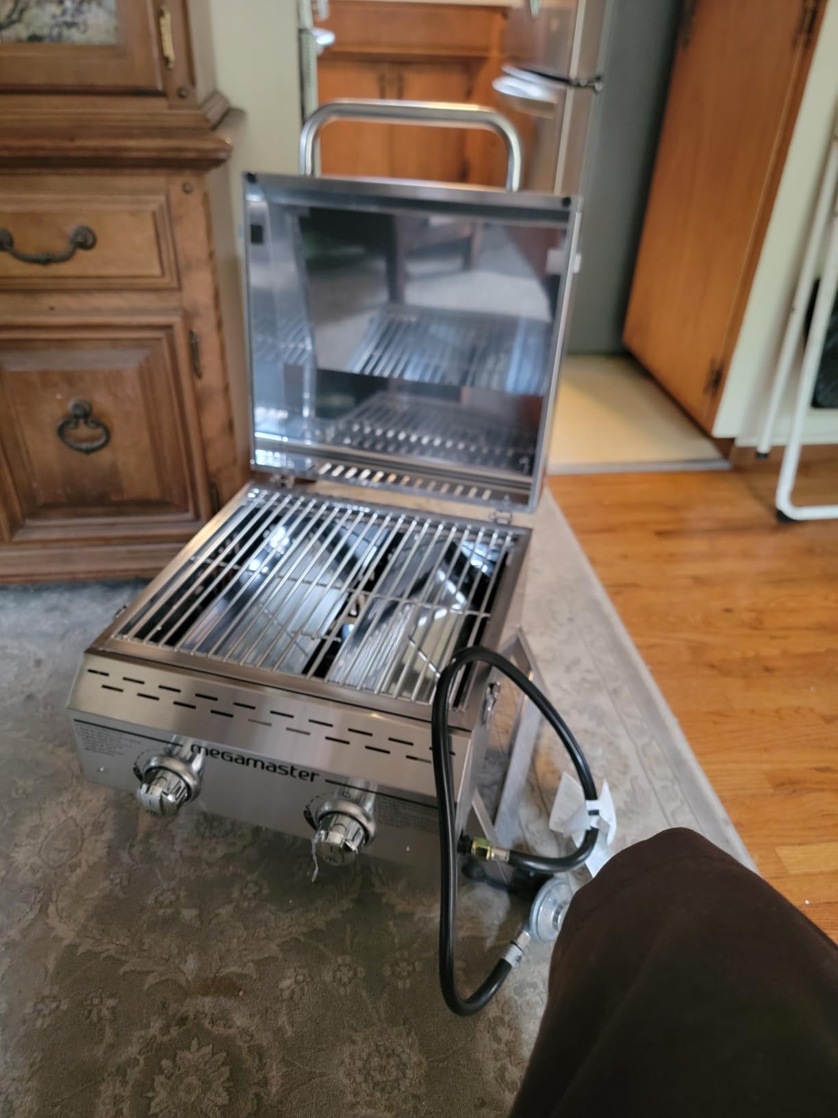 Megamaster Tabletop 2 Burner Gas Grill, Stainless Steel with Foldable Legs | Offers 16000 BTU, Built-In Lid, Push & Turn Ignition, 199 Sq In Cooking Space, Standard 20 lb tank, For Camping & Tailgating customer photo 2