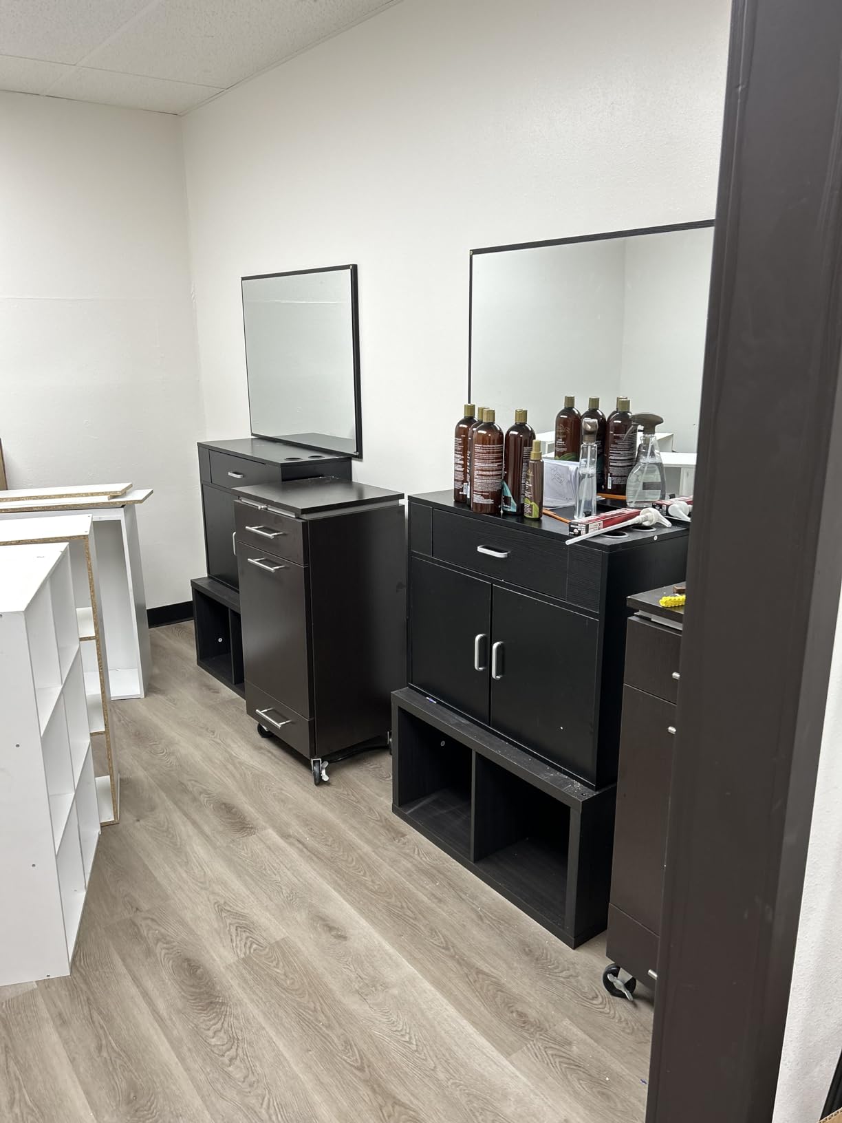 Artist hand Wall Mount Salon Station Barber Stations Styling Station Barber Beauty Spa Salon Equipment Set with Mirror,Left Shelf (Black) customer photo 1