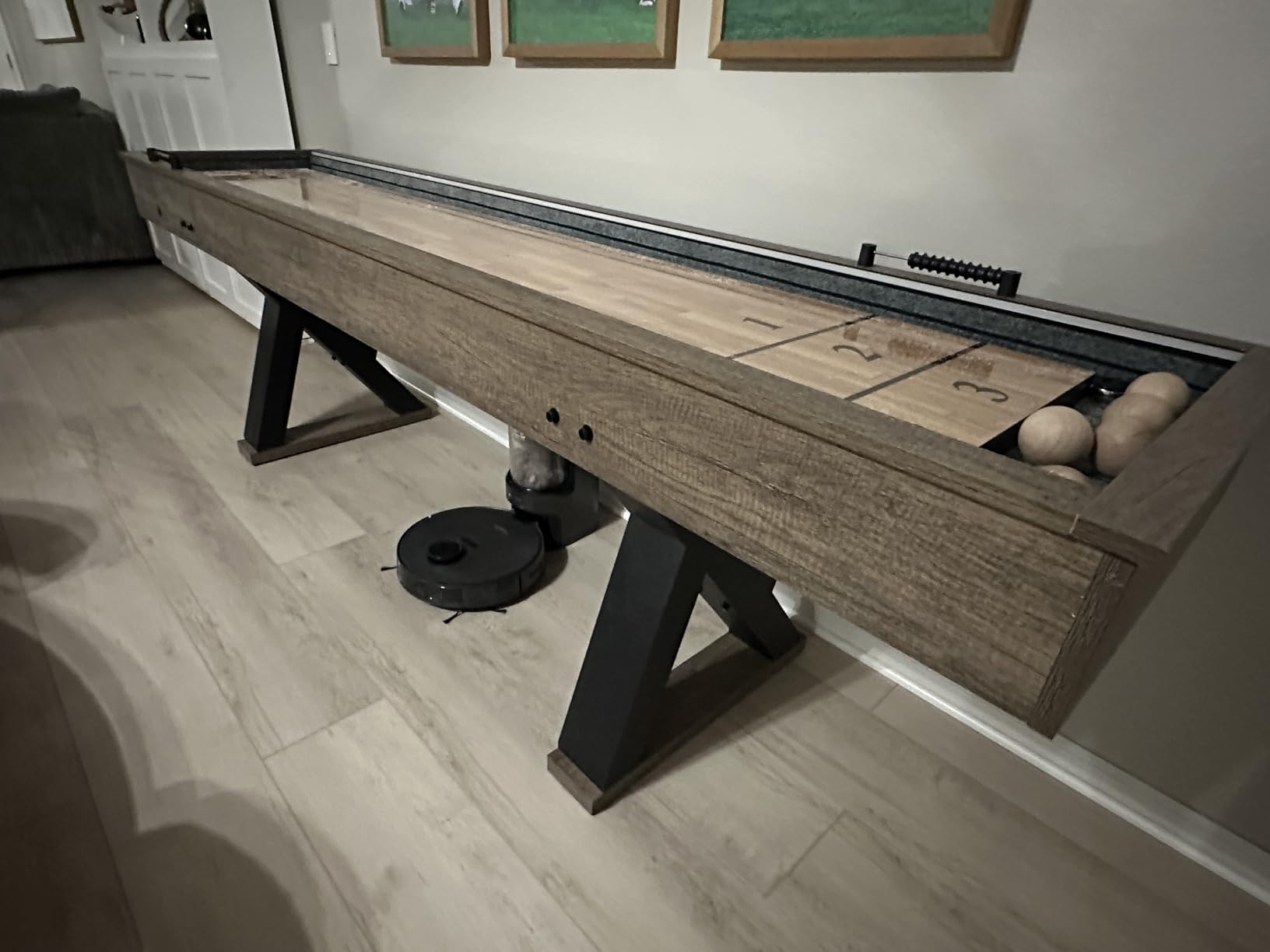 American Legend Kirkwood 9' Shuffleboard Table with LED Rails, Bowling Game Set, Rustic Wood Finish & Accessories Included customer photo 1
