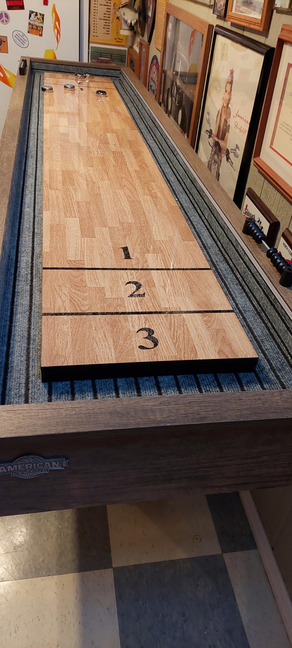 American Legend Kirkwood 9' Shuffleboard Table with LED Rails, Bowling Game Set, Rustic Wood Finish & Accessories Included customer photo 2