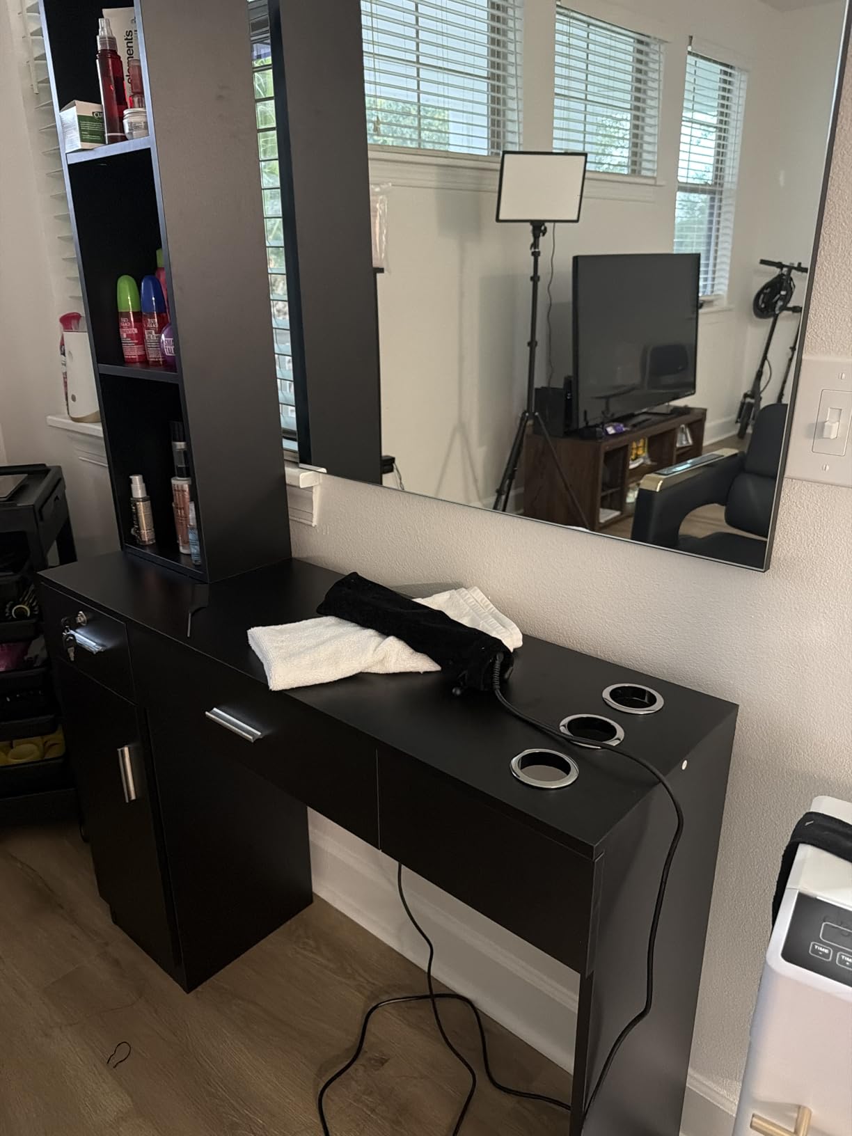 OmySalon Barber Station with Mirror, Hair Salon Station for Hair Stylist, Wall Mount Salon Beauty Spa Equipment with 3 Hair Dryer Holders & Open Shelves, 2 Drawers, 1 Storage Cabinet, Black customer photo 1