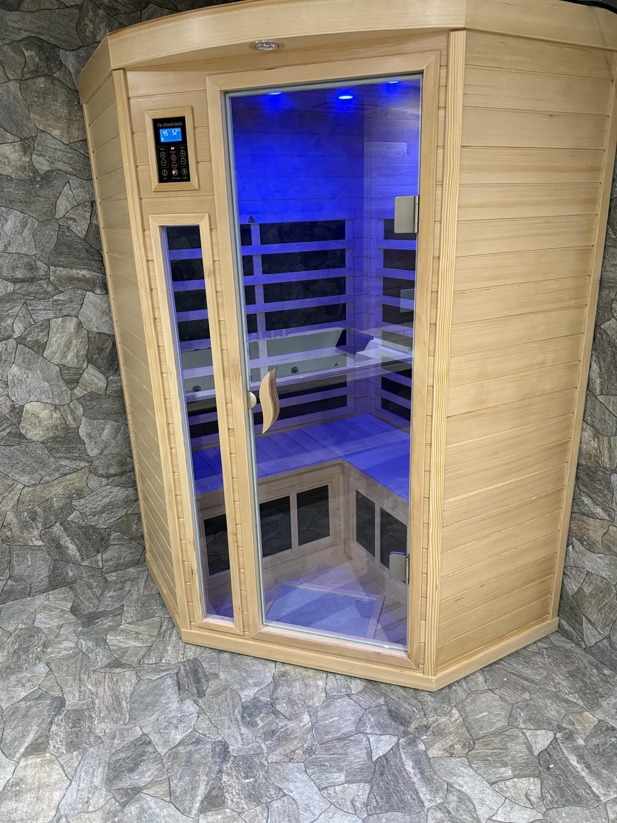 Far Infrared Wooden Sauna Room, 2-3 Person Home Sauna Canadian Hemlock Indoor Corner Sauna Spa, 2 Bluetooth Speakers, 2 LED Reading Lamp, 3 Chromotherapy Lights customer photo 1