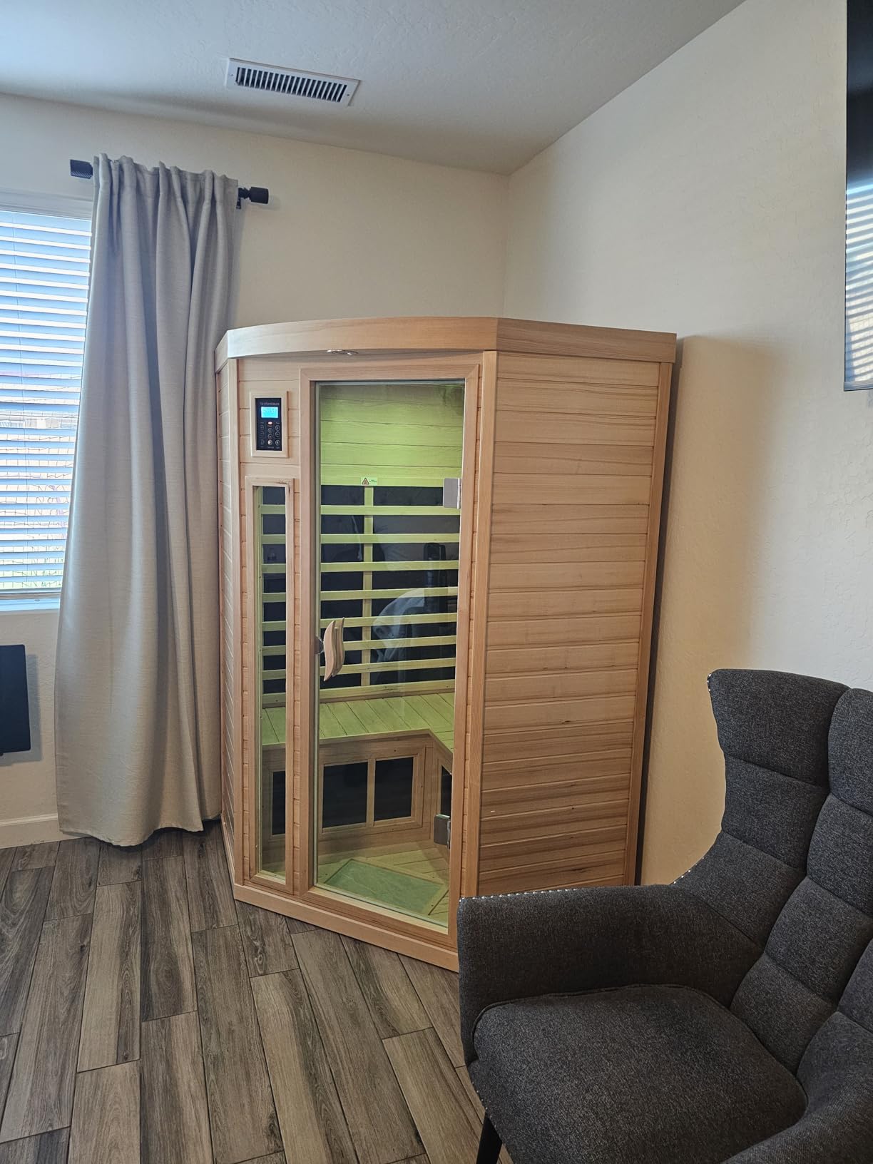 Far Infrared Wooden Sauna Room, 2-3 Person Home Sauna Canadian Hemlock Indoor Corner Sauna Spa, 2 Bluetooth Speakers, 2 LED Reading Lamp, 3 Chromotherapy Lights customer photo 2