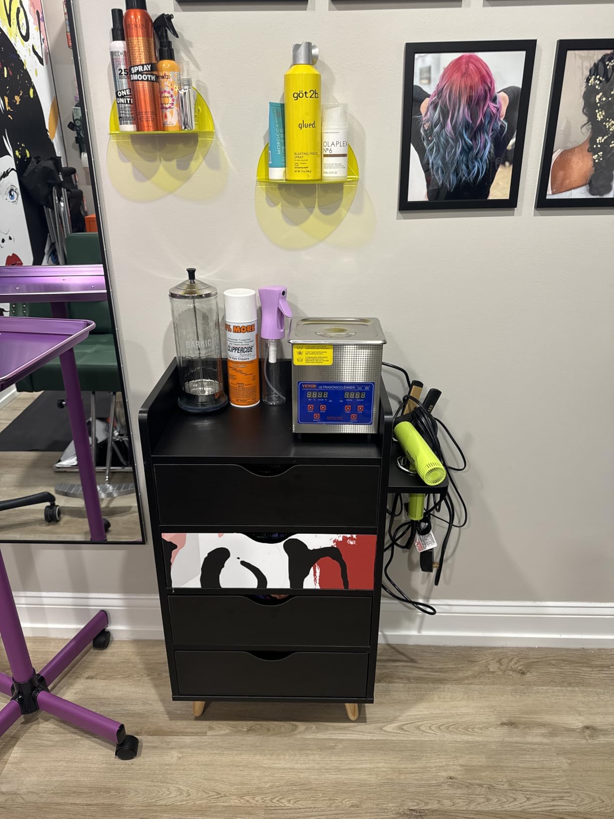 OmySalon 4-Layer Salon Storage Cabinet, Beauty Barber Salon Styling Station Organizer Equipment, Hair Stylist Station Set with 2 Hair Dryer Holders, 4 Drawers and Raised Table Legs, Black customer photo 1