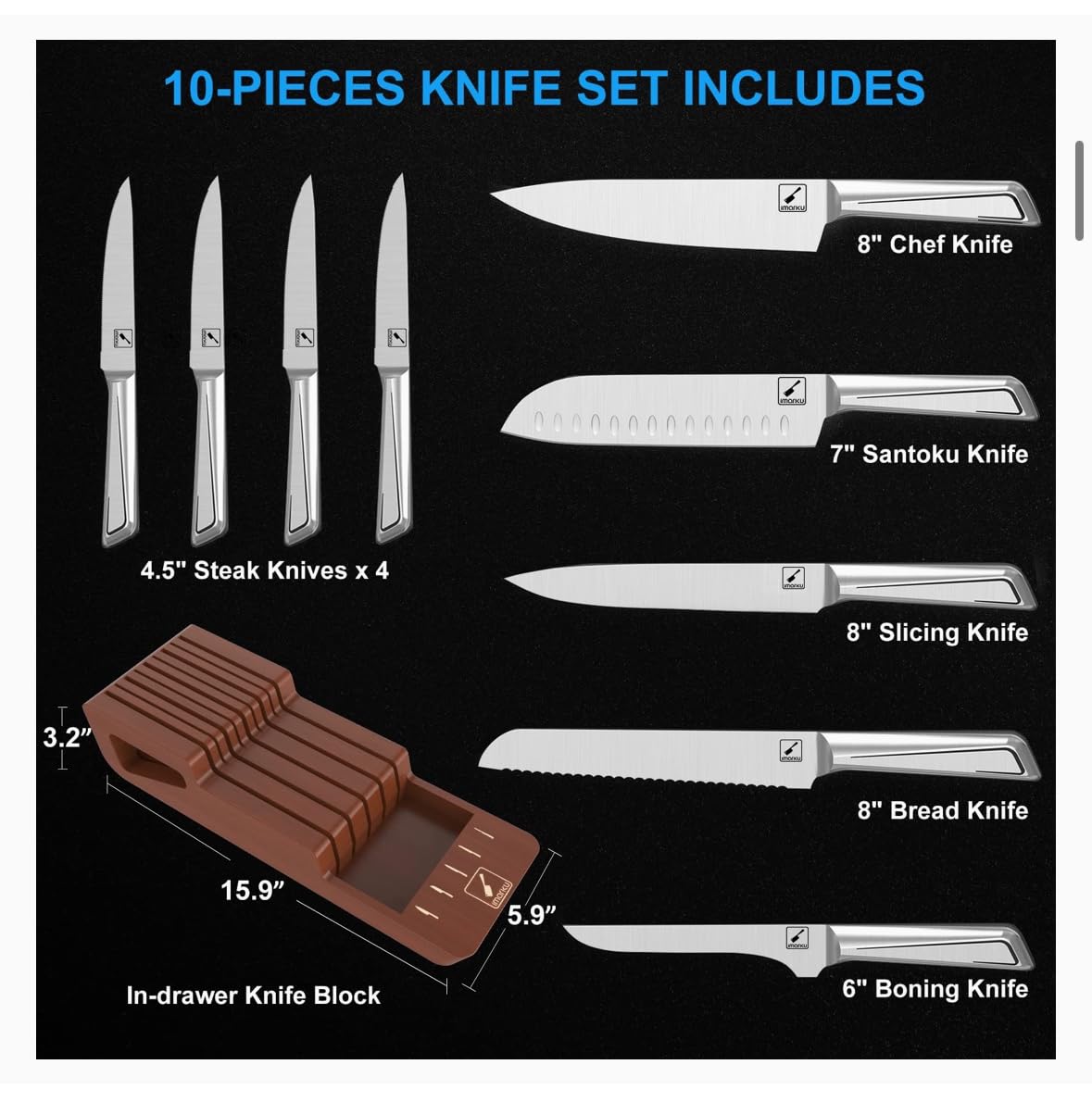 imarku 10 PCS Stainless Steel Drawer Knife Set with Wooden Organizer | Japanese High-Carbon Stainless Steel Blades, Patented Non-Slip Handle, Space-Saving Drawer Design, Dishwasher Safe customer photo 1