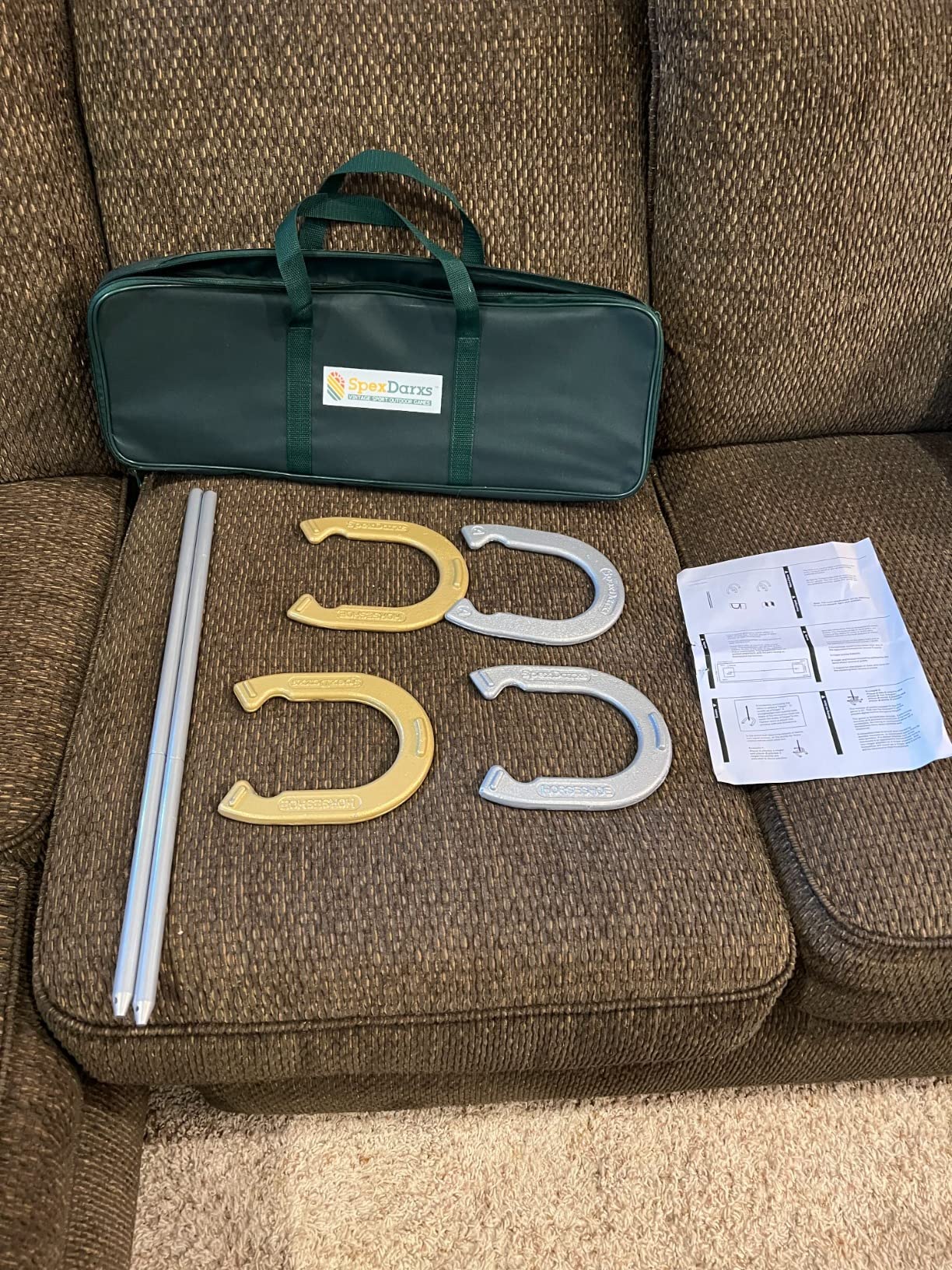 SpexDarxs Horseshoes Set, Lawn Outside Games Kit for Teens Adults Families | Regulation horseshoes, rust-resistant coating, 2 steel stakes and compact case, non-slip grip. Classic backyard game. customer photo 2