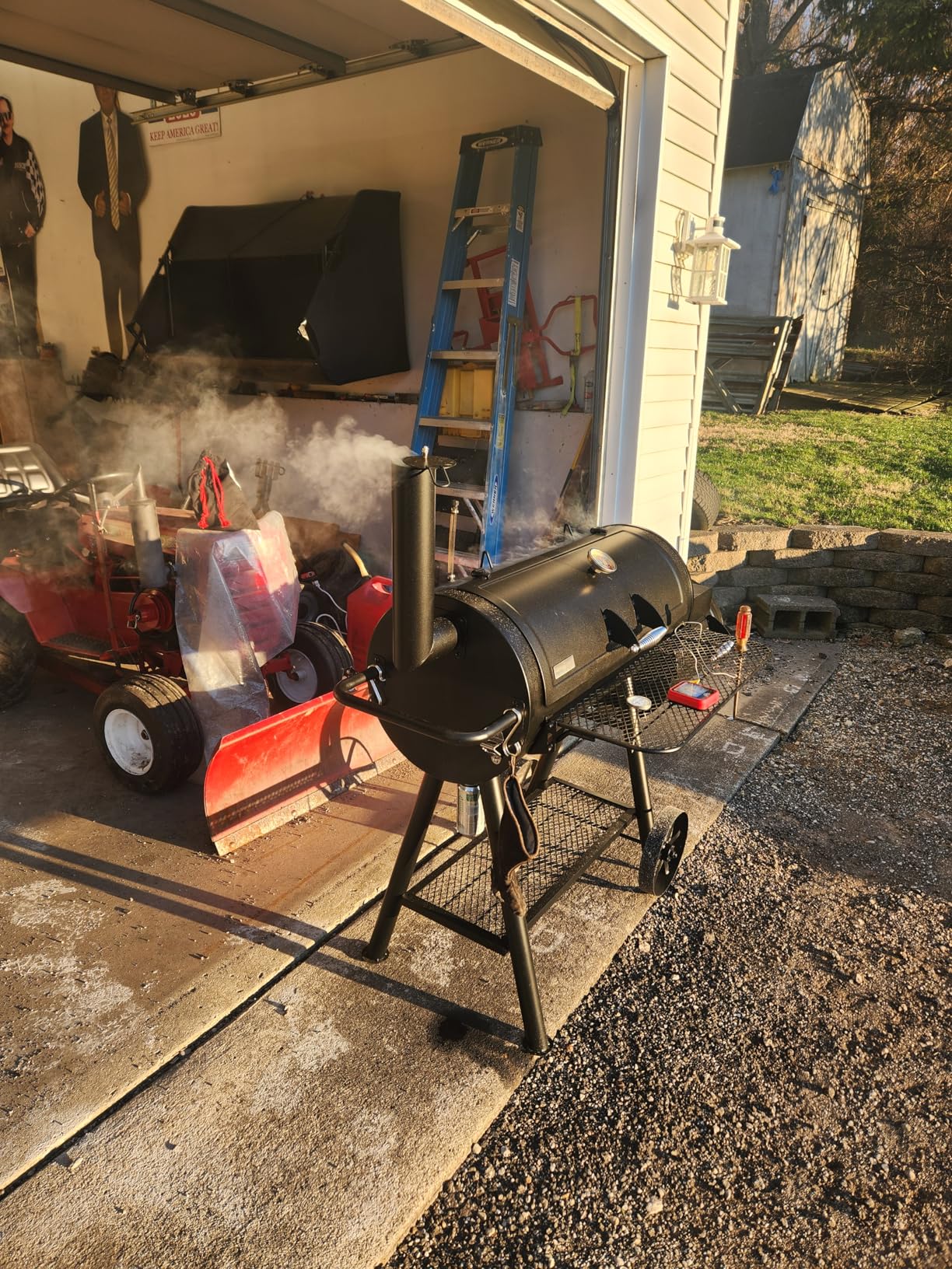 MFSTUDIO Barrel Charcoal Grill w/Offset Smoker, 941 SQ.IN. Cooking Area | Easy to Move, Adjustable Fire Vent, Porcelain-enameled Cooking Grate, Chrome-plated Lid, Foldable Front Shelf, for BBQ customer photo 1