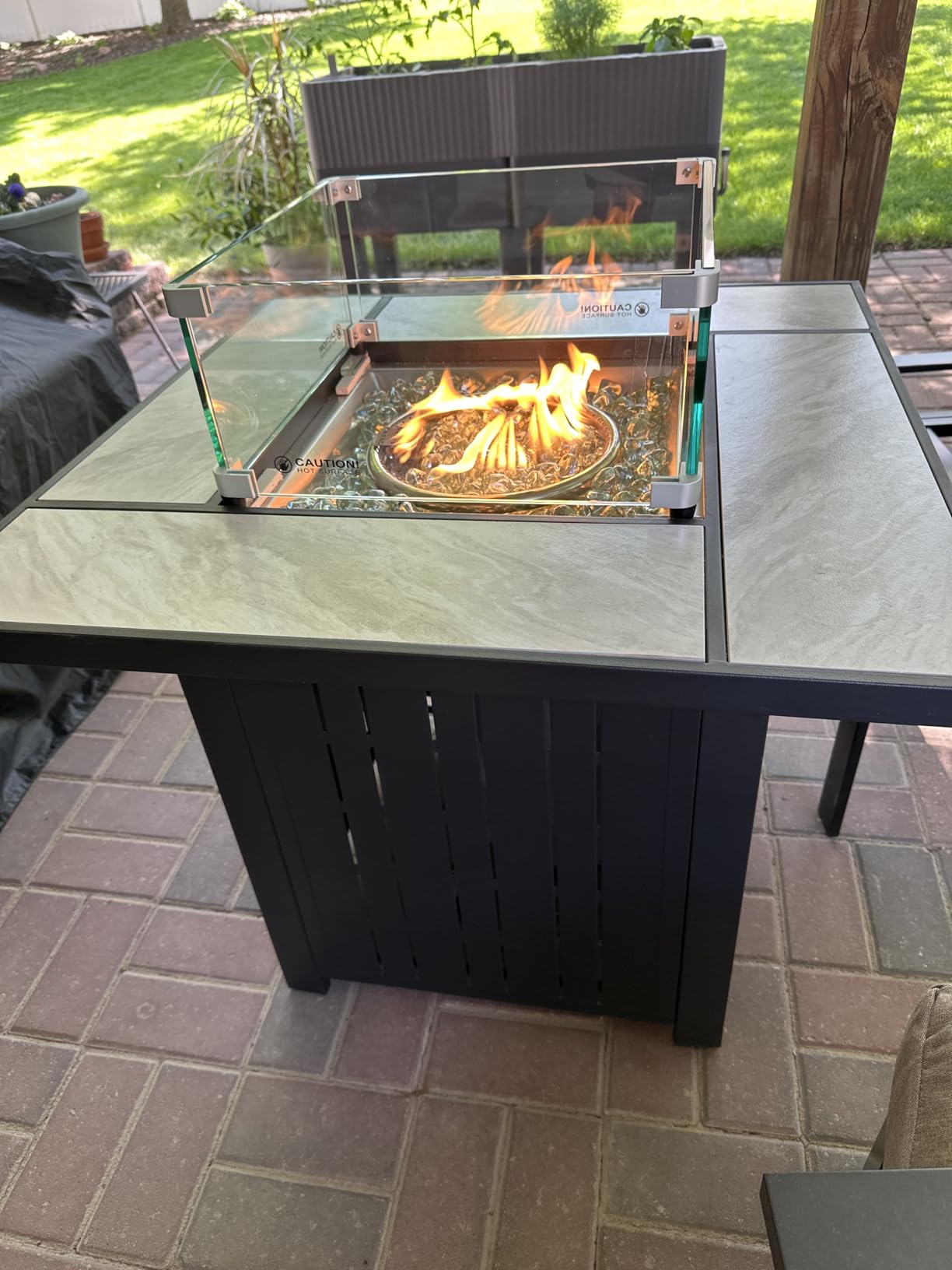 OutVue 30 Inch Propane Fire Pit Table with Real Ceramic Tabletop | 50000 BTU Gas Fire Pit Table with Lid & Glass Rock, Outdoor Fire Pit for Dining or Party, Firepit for Outside, Garden, Yard customer photo 1