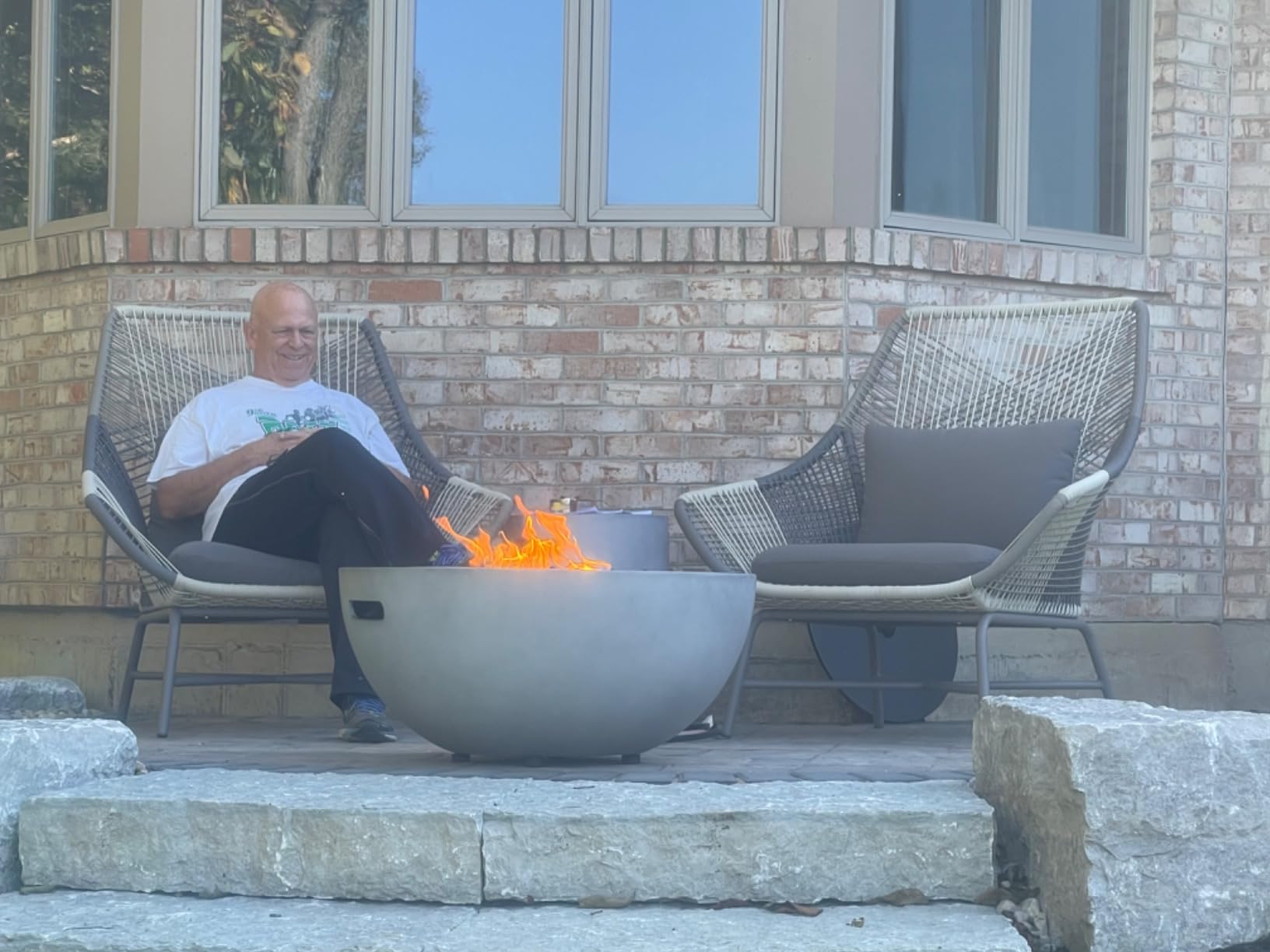 2-Piece Outdoor Propane Fire Pit Table Set w/Tank Cover Table, 31.5-inch 50,000 BTU Bowl Concrete Firepit SUS201 Round Burner with Steel Lid, Lava Rocks, Rain Cover customer photo 2