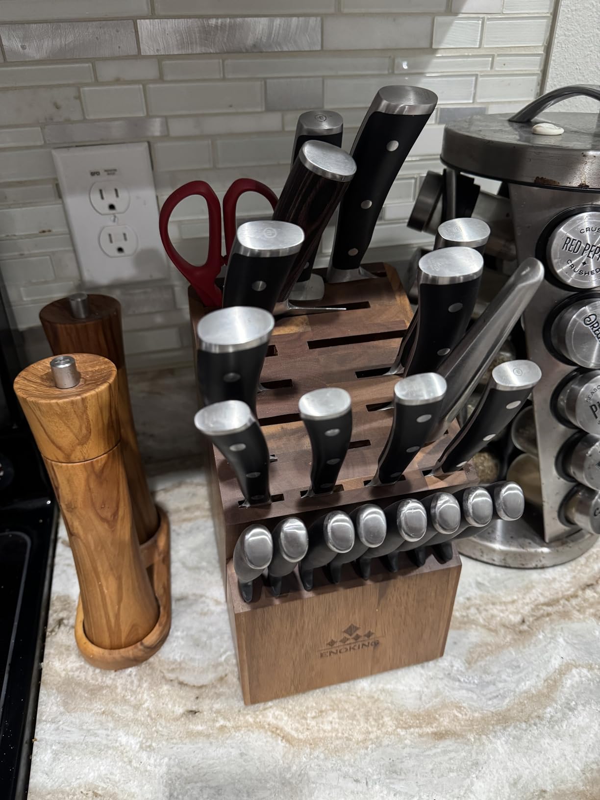 ENOKING Knife Block without Knives, Large Knife Holder - 25 Slots Acacia Wood Universal Knife Block, Butcher Block Countertop for Knife Storage Organizer customer photo 1