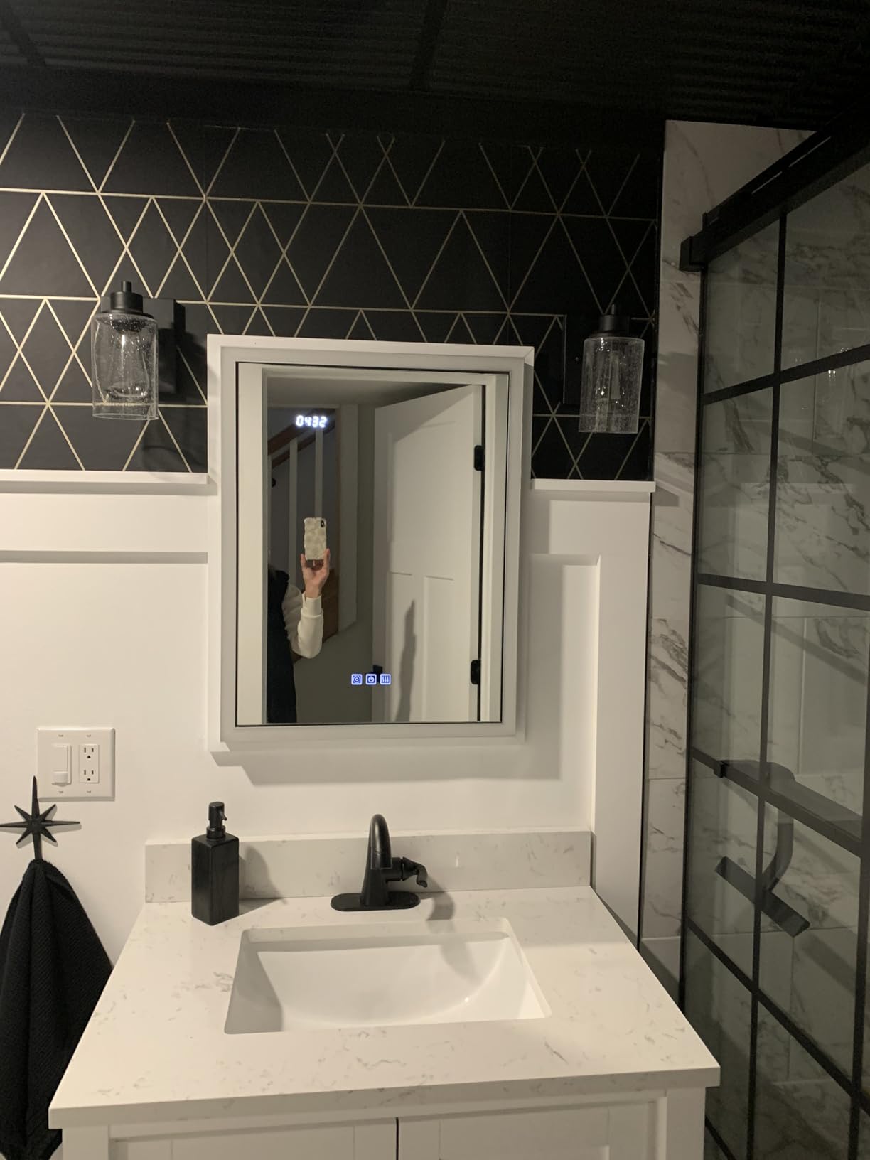 LED Medicine Cabinet with Mirror, 24x32 Surface or Recessed Lighted Medicine Cabinet with Mirror, Dimmable Fogless Aluminum Medicine Cabinet with Outlet, Time Display& Built-in Sensing Light customer photo 2