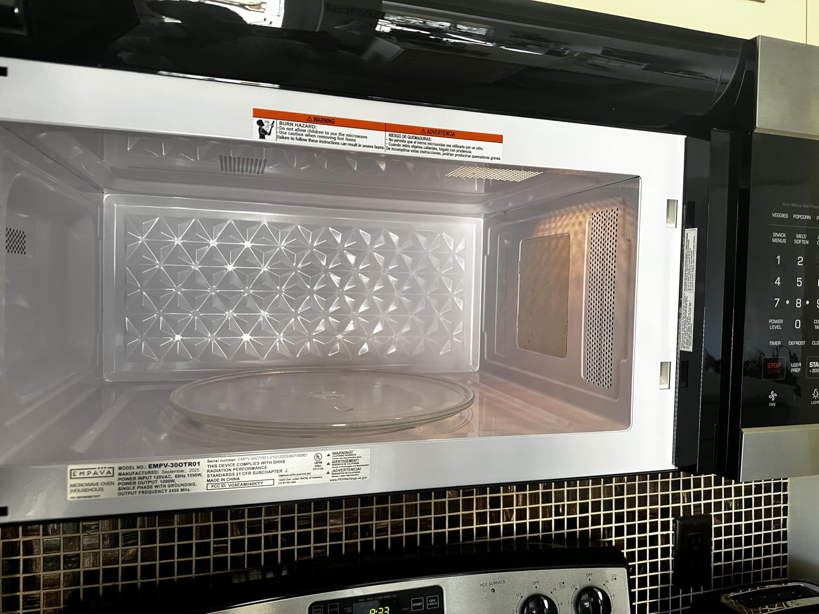 Empava 1.7 Cu.Ft. Over-the-Range Microwave, 1000W, Silver, EMPV-30OTR01 | Sensor cooking, auto menus, 2-speed 300 CFM venting fan, 10 power levels, turntable function, bright cooktop LED lighting customer photo 1