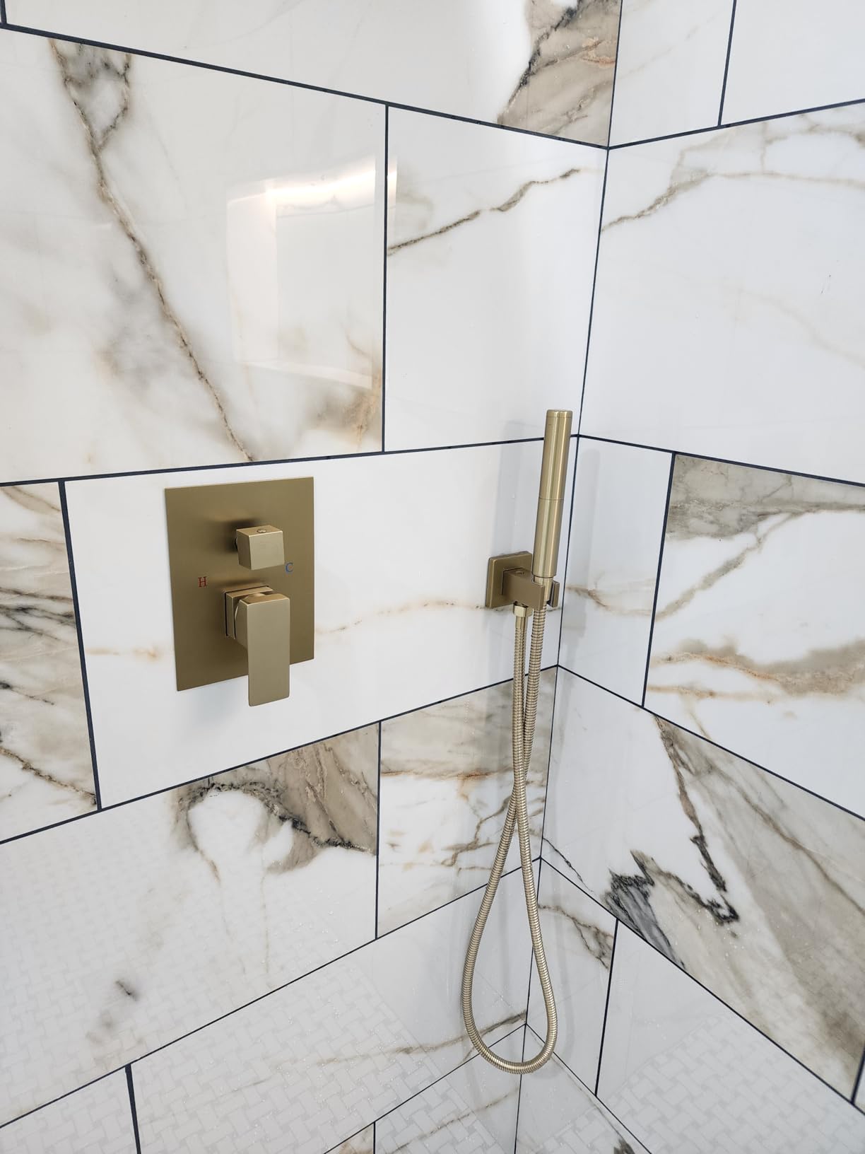 Aolemi Shower System with Rain Head and Handheld, 12-Inch, Brushed Gold | High-Pressure Shower Faucet Set with Dual-Function Handheld, Rough-In Valve, 1.8 GPM, Wall-Mount Trim Kit customer photo 1