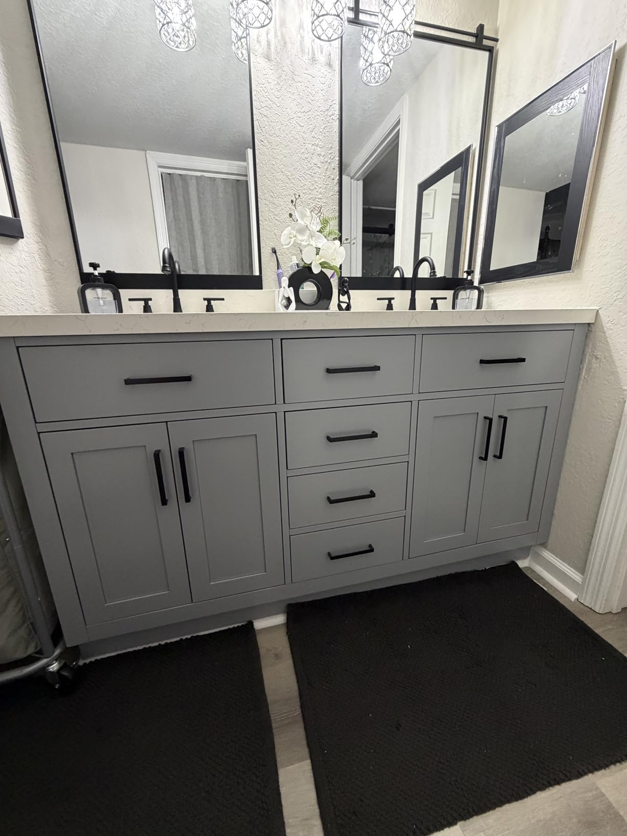 ARIEL Hepburn 60-inch Bathroom Vanity with Sink, Solid Wood, 1.5-inch Carrara White Quartz Countertop & Backsplash, Double Rectangular Porcelain Sink, 4 Soft Closing Doors, 6 Dovetail Drawers, Grey customer photo 2