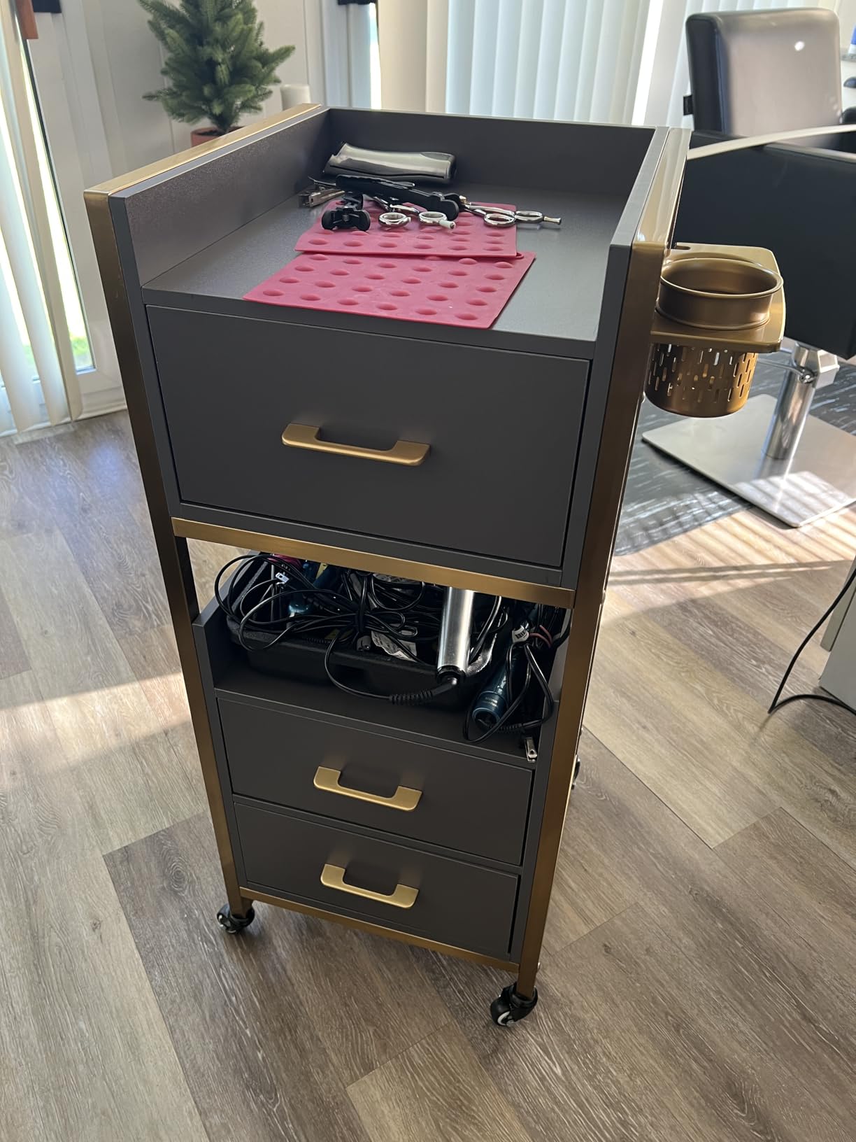 OmySalon Salon Cart with Wheels, 3-Tier Rolling Hair Styling Station, 2 Drawers & Adjustable Shelf, Hair Dryer Holder, Mobile Organizer for Salon, Barber, Spa, Nail & Beauty Tools, Black customer photo 1