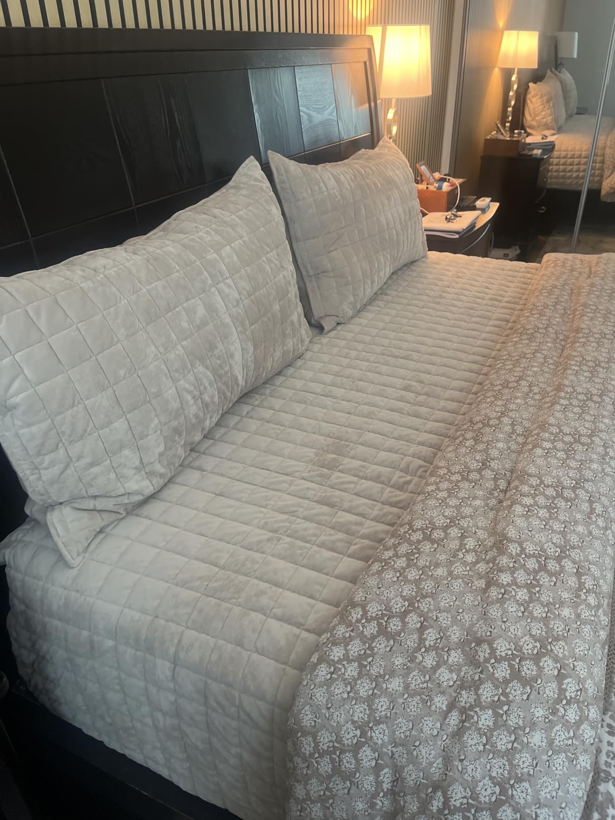 RECYCO Channel Box Stitch Velvet Quilt Set, King Size, Beige | Ultra Soft Lightweight Velvet Comforter, Luxury Oversized Bedspread Coverlet, Quilted Bedding Set for All Season with 2 Shams customer photo 1