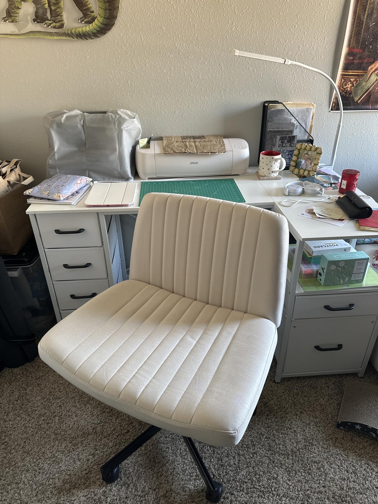 Orange Factory Criss Cross Chair, Wide Fabric Vanity Desk Seat, Beige Wheel | Cross-Legged with 360° Swivel, Height Adjustable, Smooth and Silent Wheels, Comfy Seating for Office, Desk, or Computer Use customer photo 1