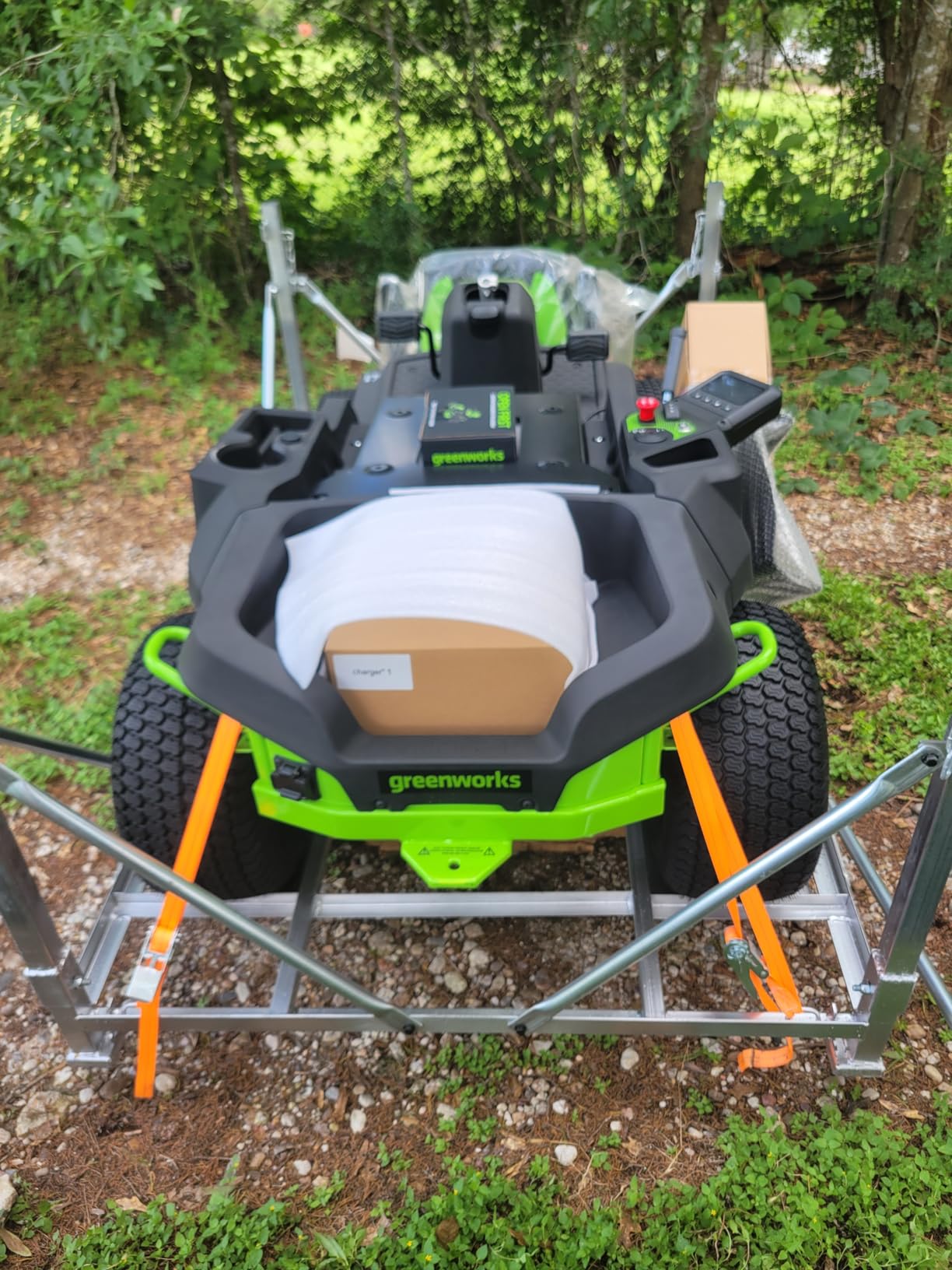Greenworks 80V 42' Riding Lawn Mower (2 Acre, 32 HP Gas Equivalent, 5 MPH, Cargo Bin, Tow Up to 200 lbs.), (4) 5.0Ah Batteries (1,600 Wh Max) + Turbo Wall Charger customer photo 1