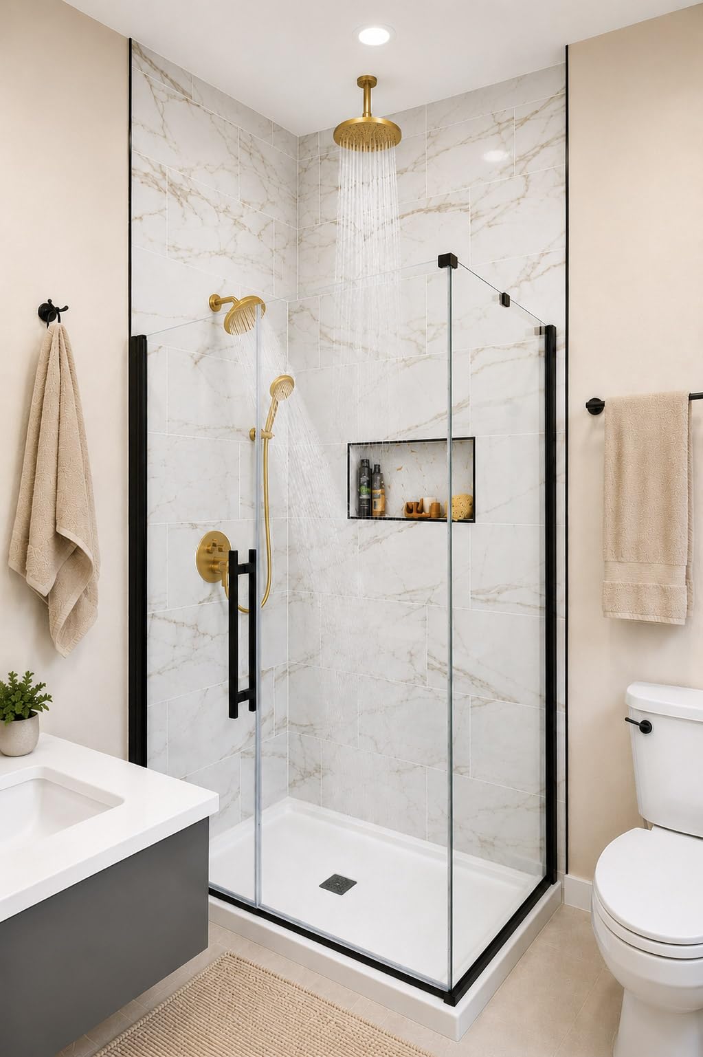 Shower System with Pressure Balance Valve, 10 Inch Ceiling Mount Shower Faucet Set with 2 Rain Shower Head And Multi-function Handheld Head Push Button Diverter, Brushed Gold customer photo 1