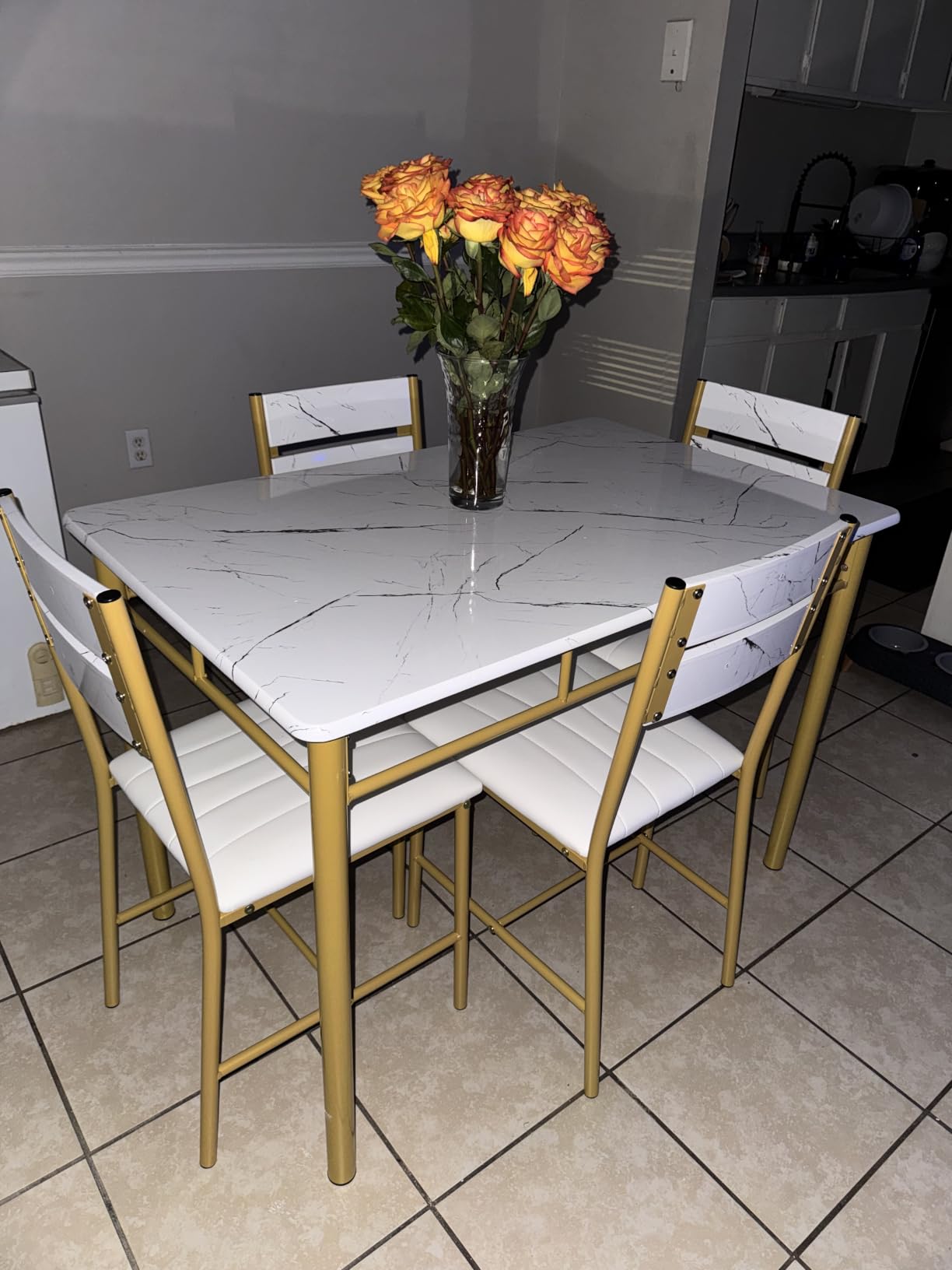 IRONCK Dining Table Set for 4, Rustic Brown | Wood Kitchen Table with Upholstered Chairs for Kitchen Room and Small Spaces customer photo 2