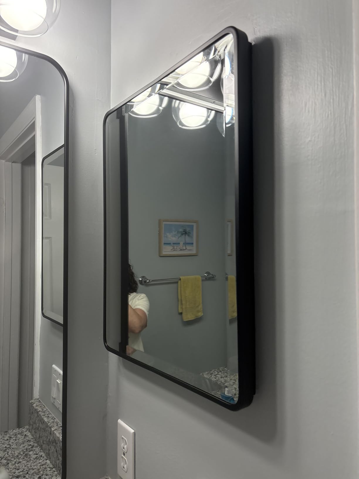 16x26 Austin Farmhouse Metal Framed Rounded Rectangle Recessed Bathroom Medicine Cabinet, Beveled Mirror, 14x24 in-Wall Opening, powder-coated Steel, Adjustable Glass Shelves, Magnet Close, Black customer photo 2