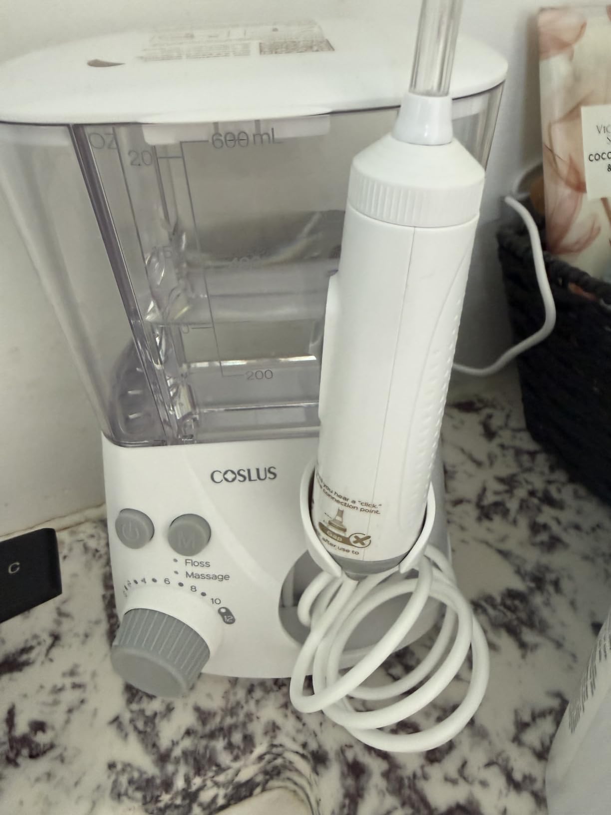 COSLUS E2 Advanced Water Dental Flosser Teeth, 2 Modes 12 Pressure Settings | Electric Pick for Orthodontic, Braces, Sensitive Gums - Home Use, 5 Jet Tips for Multiple Family Users, White, Standard Set customer photo 1