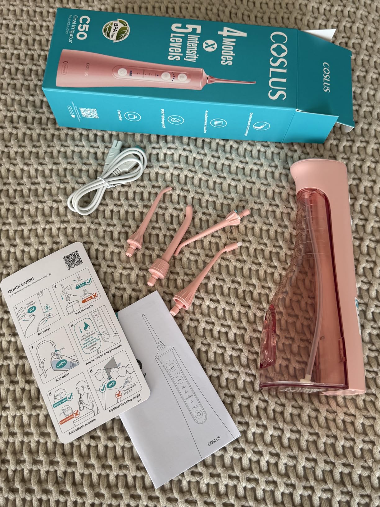 COSLUS ADA Accepted C50 Portable Water Flosser for Teeth: 4 Modes & 5 Intensity Levels Professional Electric Dental Pick for Sensitive Gums, Braces & Orthodontic - Cordless for Travel Use, BPA-Free customer photo 1