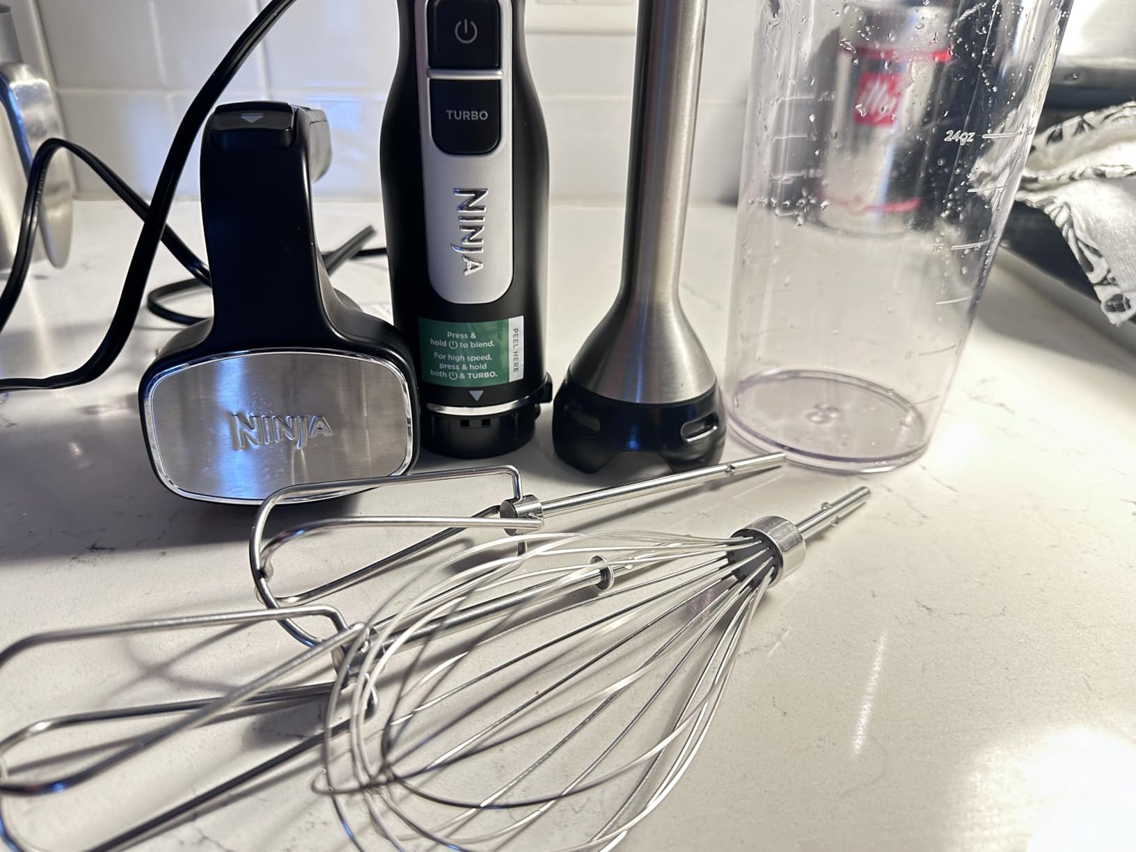 Ninja Immersion Blender & Whisk, 4 Speeds, 4oz Cup, Deep Navy, CI201ND | SplatterShield & PanProtect for mess-free blending. 4 speeds, 4-cup blending vessel, dishwasher safe, 5-ft cord. customer photo 1