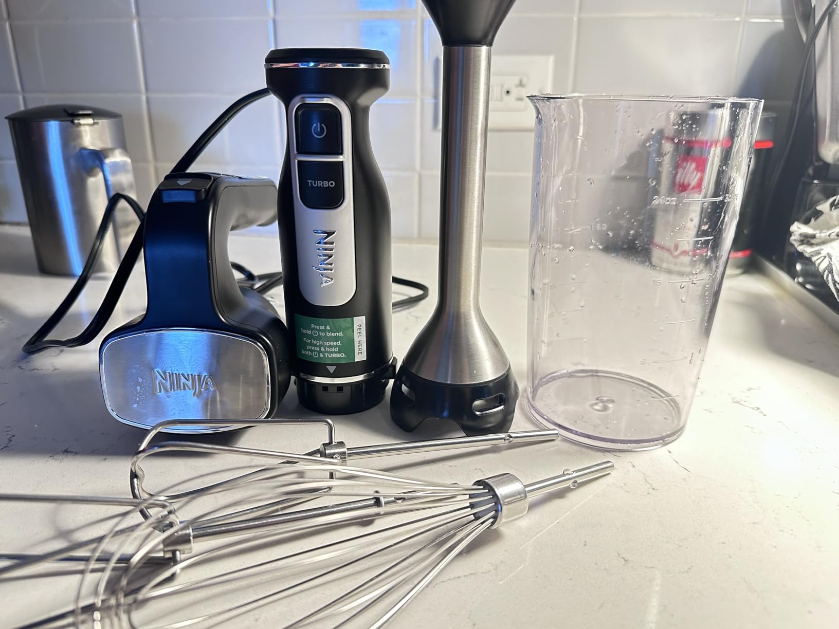 Ninja Immersion Blender & Whisk, 4 Speeds, 4oz Cup, Deep Navy, CI201ND | SplatterShield & PanProtect for mess-free blending. 4 speeds, 4-cup blending vessel, dishwasher safe, 5-ft cord. customer photo 2