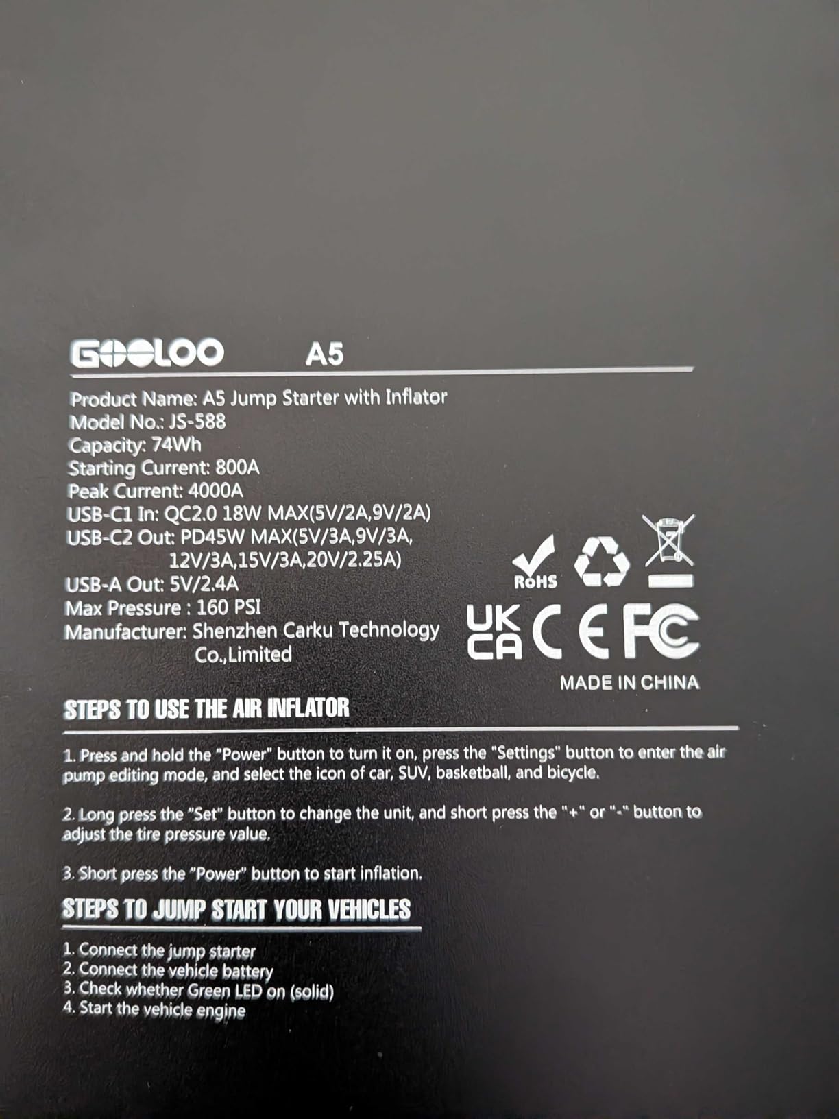 GOOLOO A5 Jump Starter with Air Compressor, 4000A Portable Jump Box | Jumper Starter for All Gas & 10L Diesel - 160 PSI Auto-Off Tire Inflator - 45W Output with Built-In Cable - LED Flashlight customer photo 2