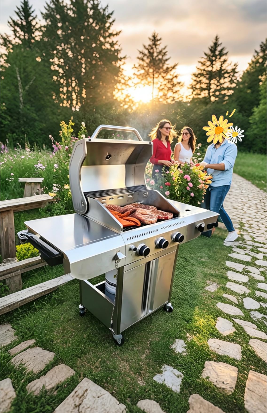 34,000 BTU 3-Burner Propane Gas Grill with Side Burner | All Stainless Steel BBQ Grill, Enameled Cast Iron Grates & Portable Cart with Wheels, Outdoor Barbecue for Backyard, Patio customer photo 1