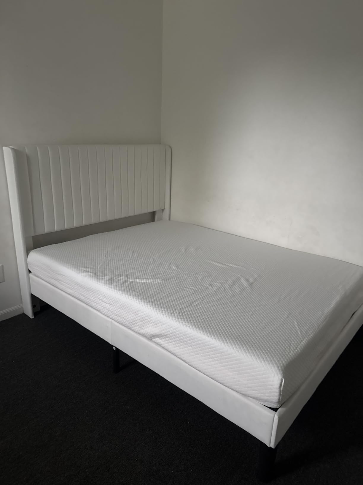 Allewie Queen Size Velvet Bed Frame/Vertical Channel Tufted Wingback Headboard/Upholstered Platform Bed/Strong Wooden Slats/No Box Spring Needed/Easy Assembly/Cream White customer photo 2