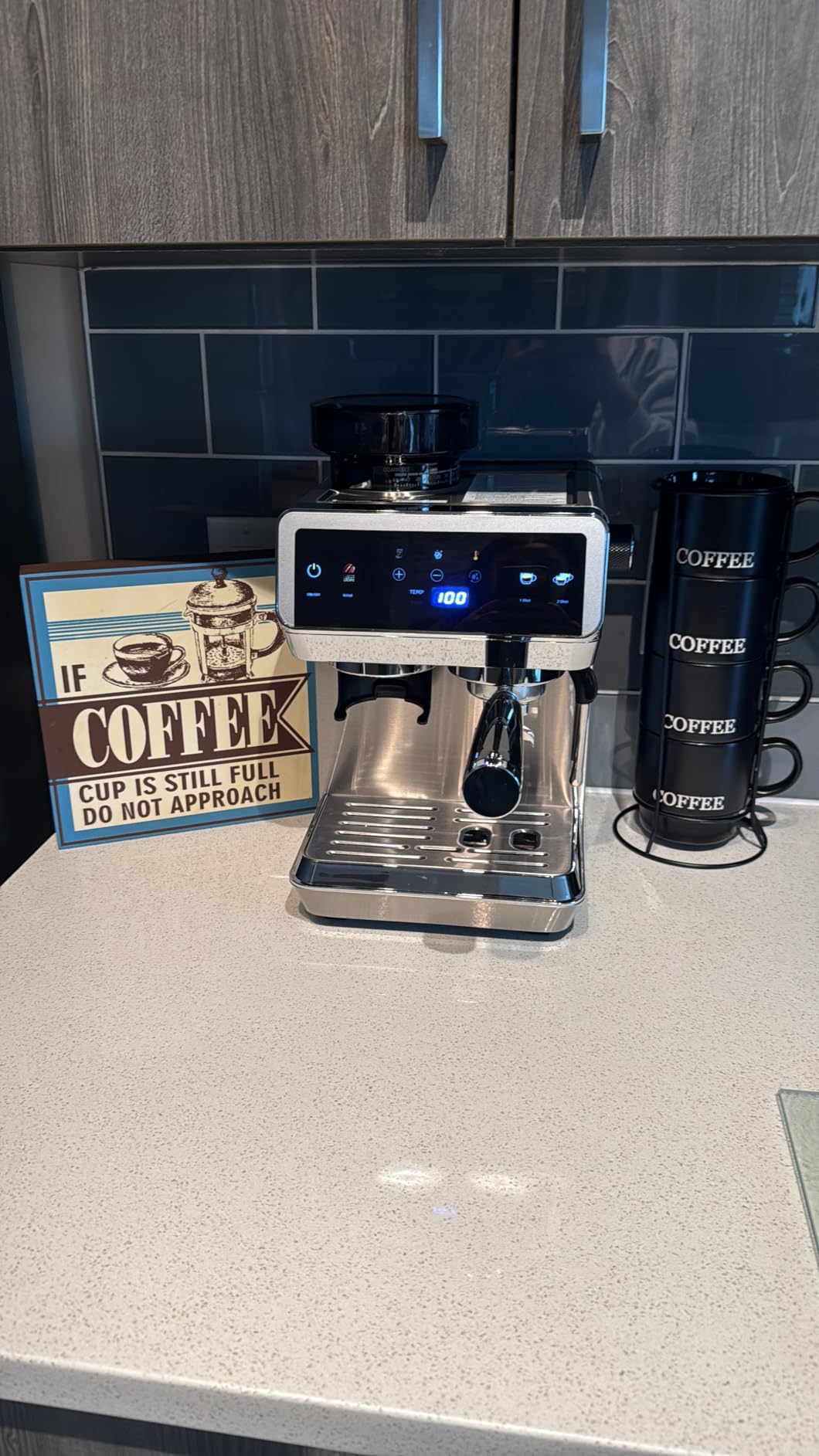 AMZCHEF Espresso Machine With Grinder, Temp Control, 44 Grind Settings | Hot & Cold Brew, Cappuccinos & Lattes, Built-in Grinder, Milk Frother, Touch Screen, Easy to Clean, Compact Design, Silver customer photo 1