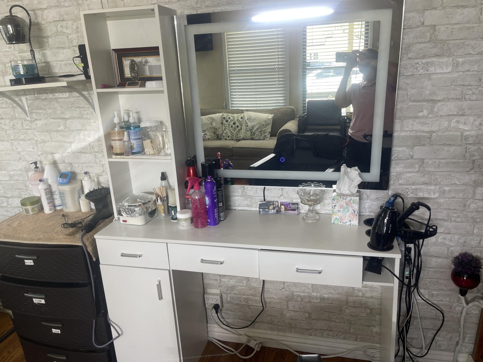 4ever2buy Salon Stations for Hair Stylist, Black Barber Hair Salon Station | 3 Hair Dryer Holder, 3 Drawers and 1 Cabinet, Mirror not Included, Black customer photo 2