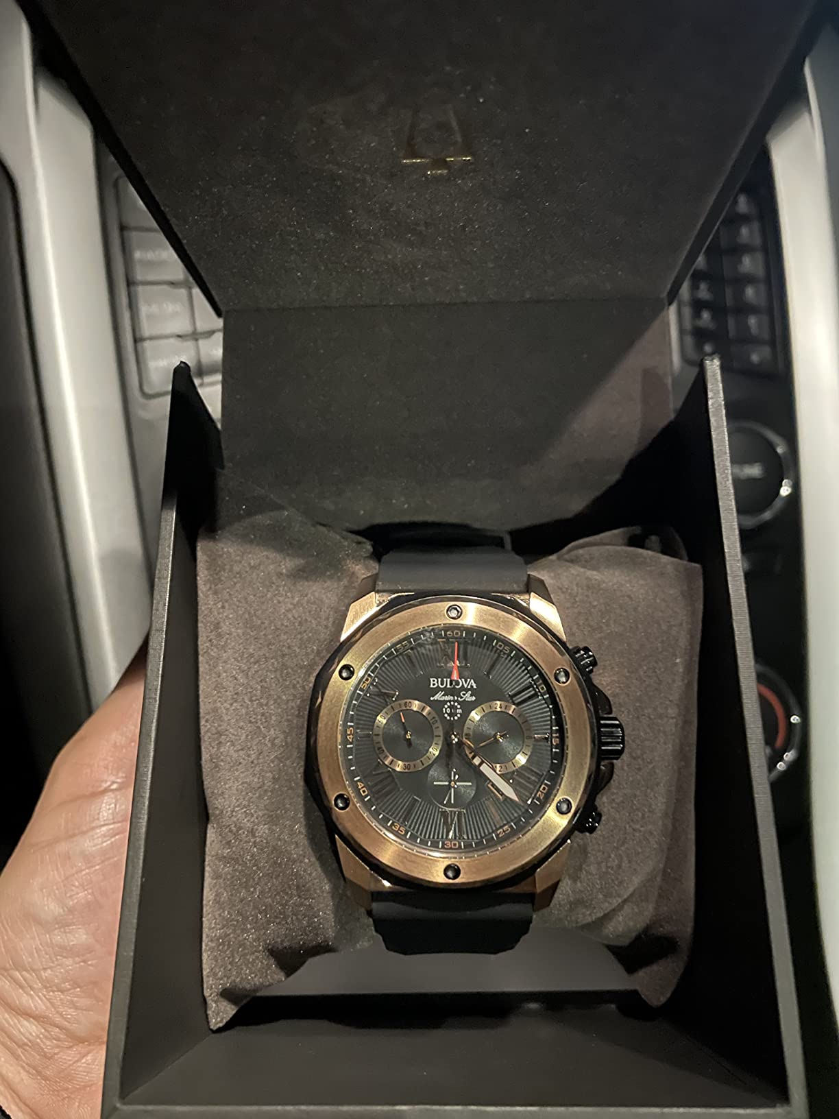 Bulova Men's Marine Star Series A Rose Gold Stainless Steel 6-Hand Chronograph Quartz Watch, Black Silicone Strap Style: 98B104 customer photo 1