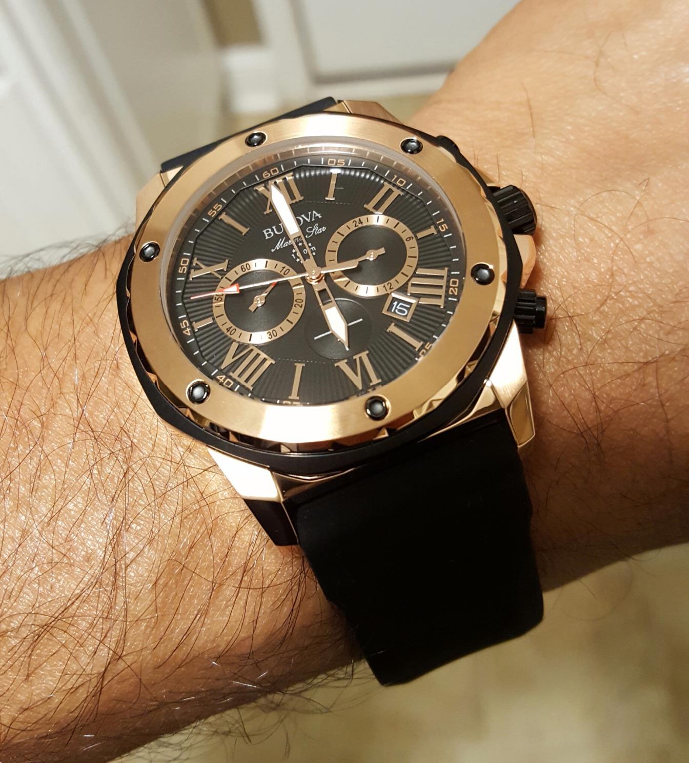 Bulova Men's Marine Star Series A Rose Gold Stainless Steel 6-Hand Chronograph Quartz Watch, Black Silicone Strap Style: 98B104 customer photo 2