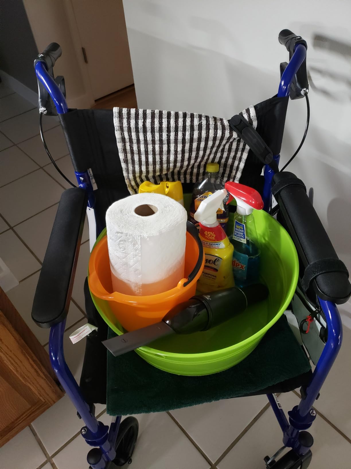 Medline Lightweight Foldable Transport Wheelchair with Handbrakes and 12-Inch Wheels, Blue Frame, Black Upholstery customer photo 1