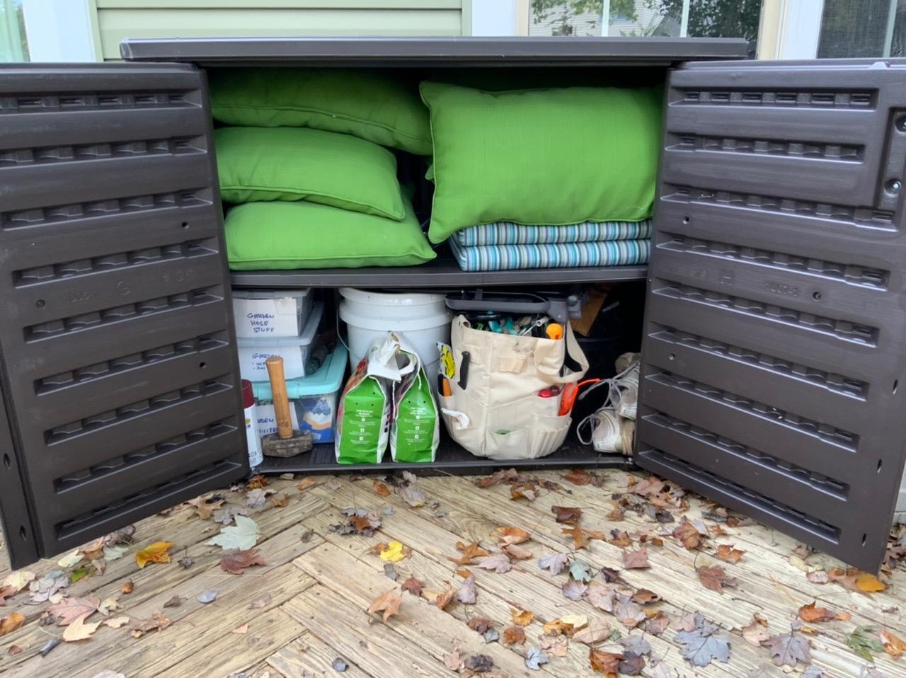 Rubbermaid Decorative Outdoor Storage Cabinet (123 Gal), Weather Resistant, Brown, Organization for Home/Backyard/Pool Chemicals/Toys/Garden Tools/Porch/Patio Cushions customer photo 2