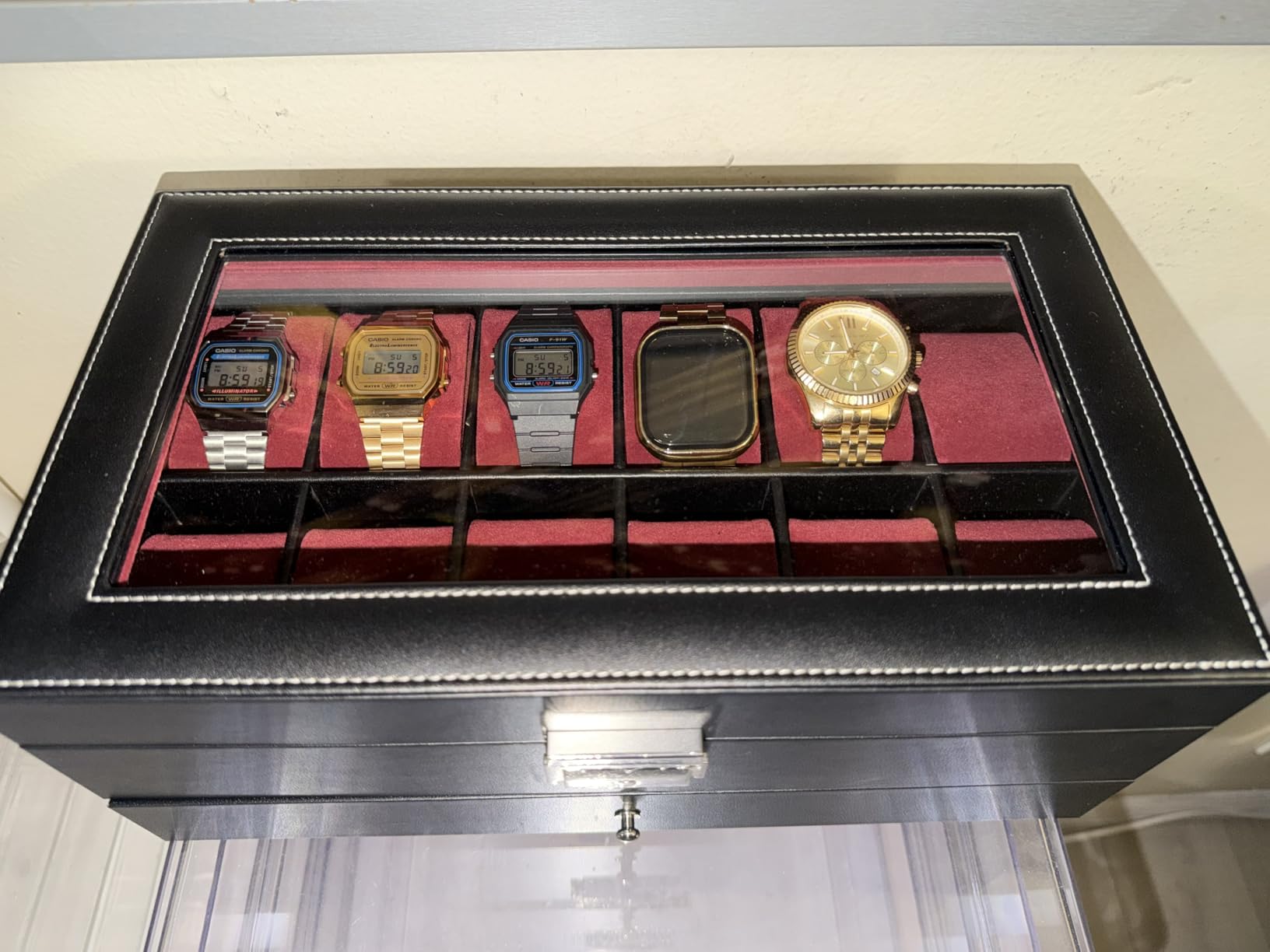 SONGMICS Watch Box, 12-Slot Watch Case Organizer with Large Glass Lid, 2 Layers, Removable Pillows, Metal Lock, Gift for Loved Ones, Black Synthetic Leather, Gray Lining UJWB012 | For Rings, Bracelets, Gift Idea, Black Synthetic Leather, Gray Lining, BRIDIE Collection, UJWB012G01 customer photo 2