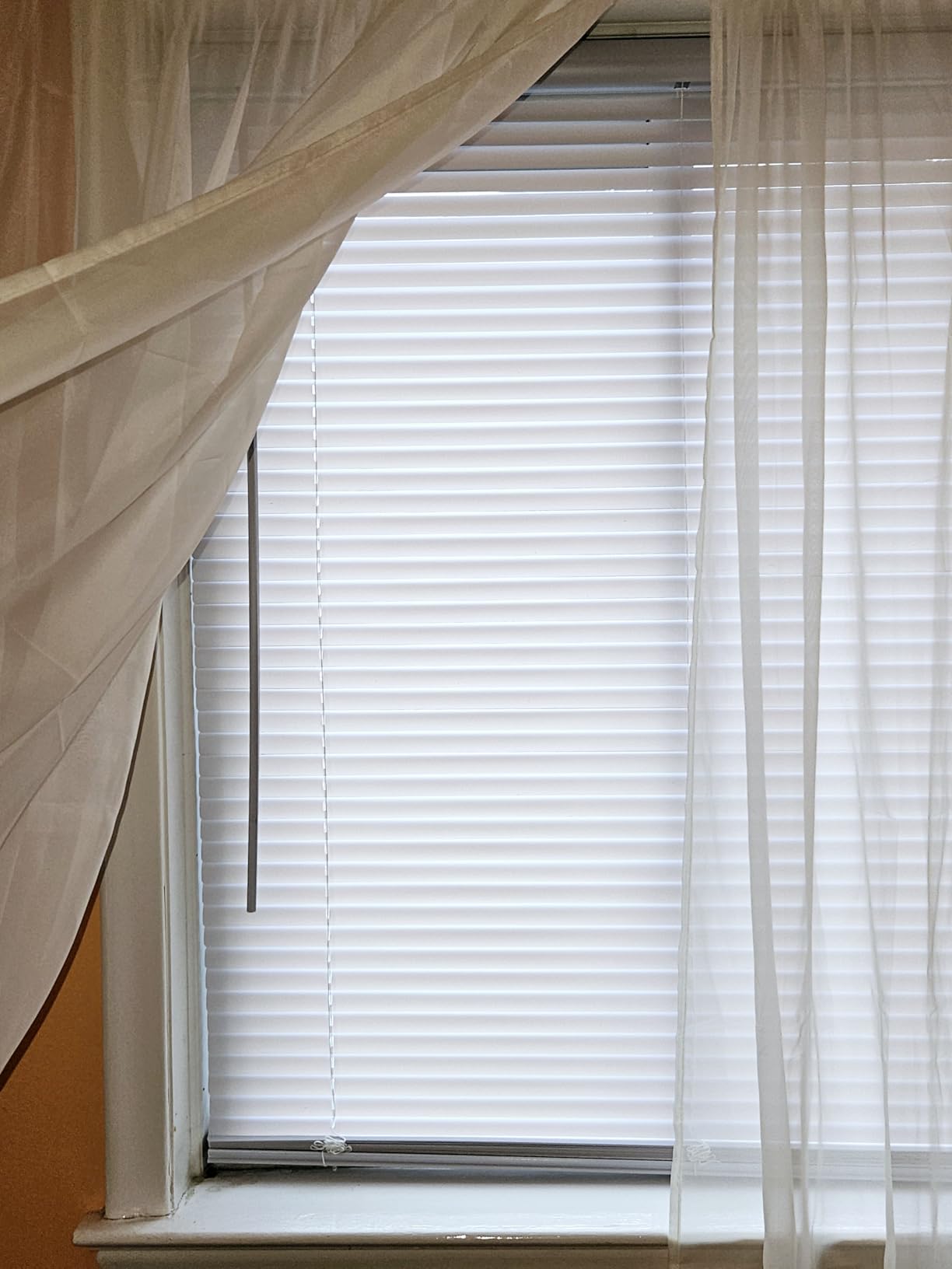 Cordless Light Filtering Mini Blind, 27 x 64 in, Pearl White | Cordless Lift and Light-Filtering Control: Slat-Based Blind Construction with Adjustable Light Control. customer photo 1