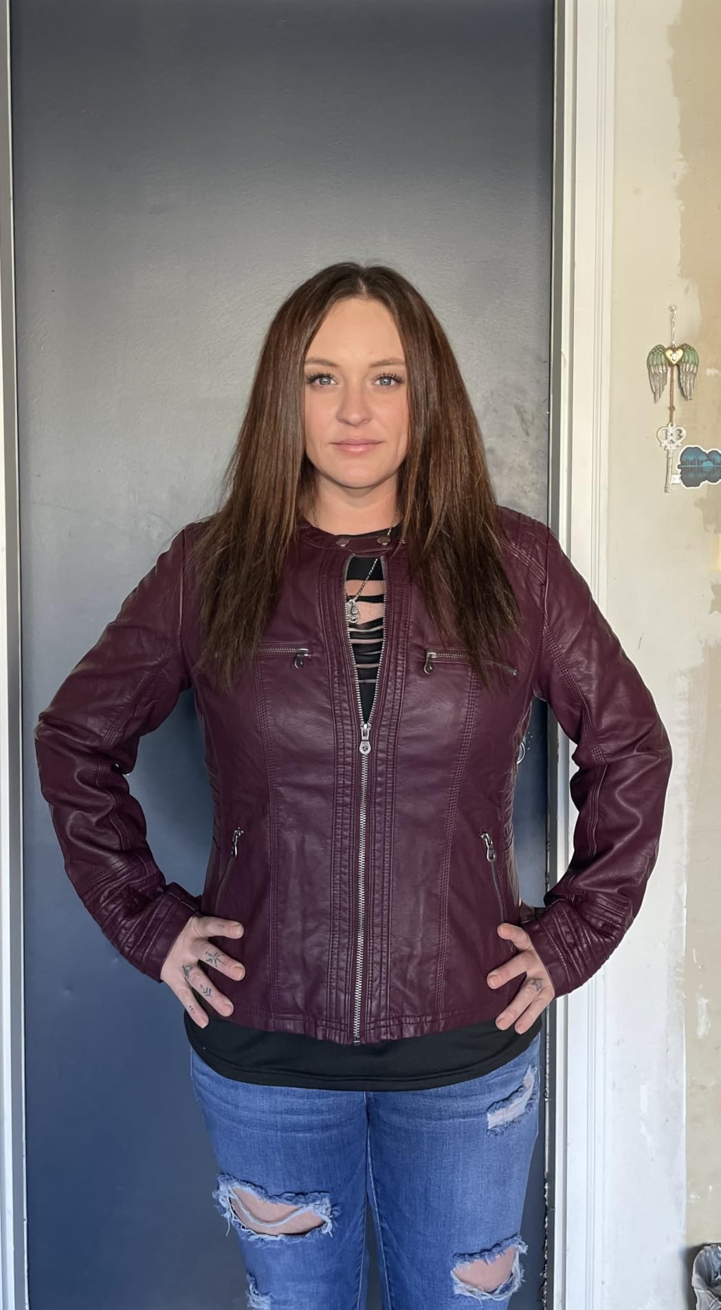 Lock and Love Women's Faux Leather Moto Biker Jacket Coat with Removable or Non-Removable Hood customer photo 1